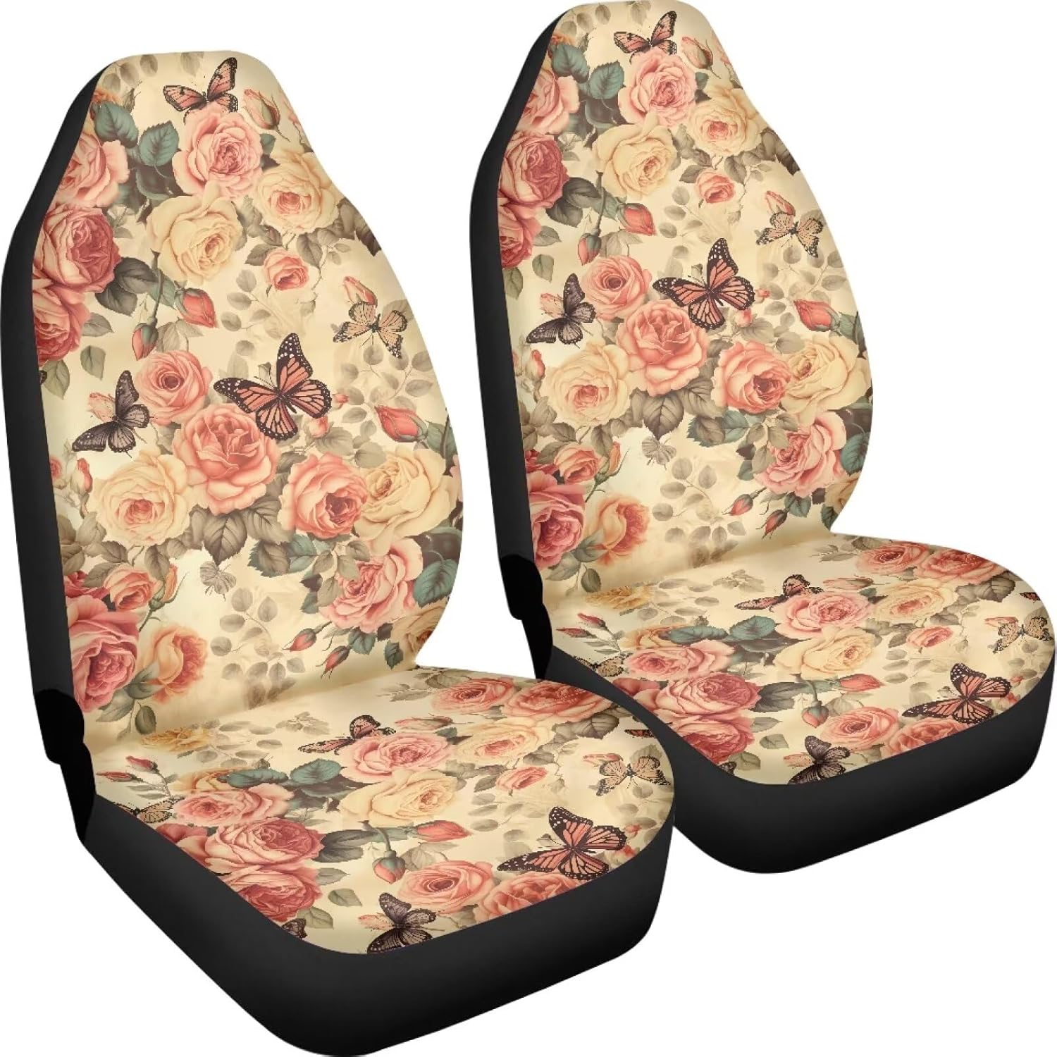 Front car seat Cover, Padded car Front seat Cover, Inner Cover for car Truck SUV, car Essential Dirty Proof Covers, Retro Roses Butterfly Pattern