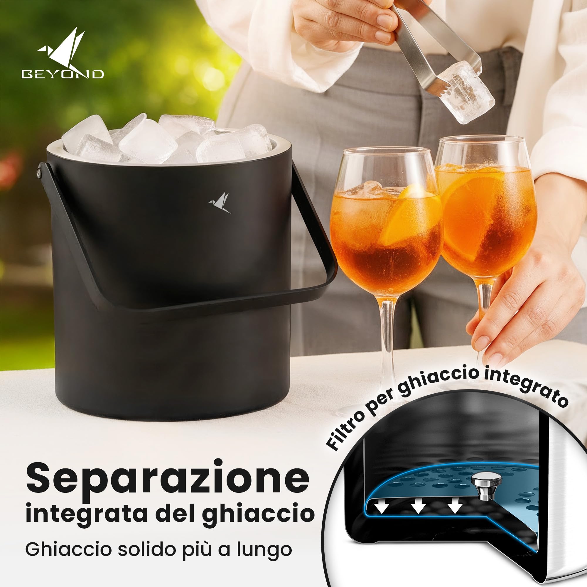 Beyond Secchiello per Ghiaccio con Coperchio e Pinza in Acciaio Inox – Porta Ghiaccio Secchiello Refrigerante Doppia Parete 1,3 Litri, Secchio Ghiaccio, Contenitore per Cubetti di Ghiaccio – Nero