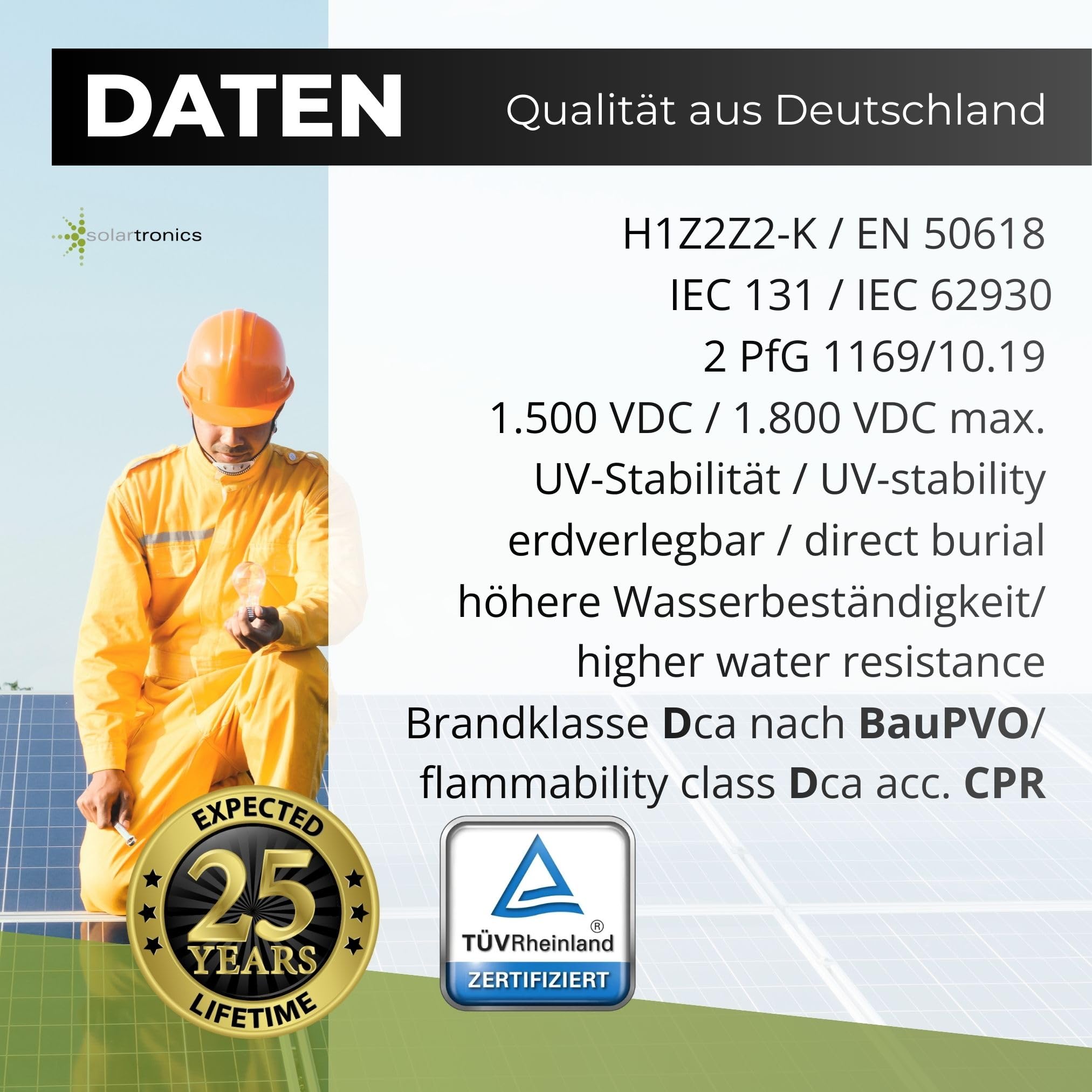SOLARTRONICS Solarkabel 10mm² 10m Schwarz, H1Z2Z2-K, flexibel, erdverlegbar, PV-Kabel für Photovoltaikanlage, TÜV Reinland, Made in Germany