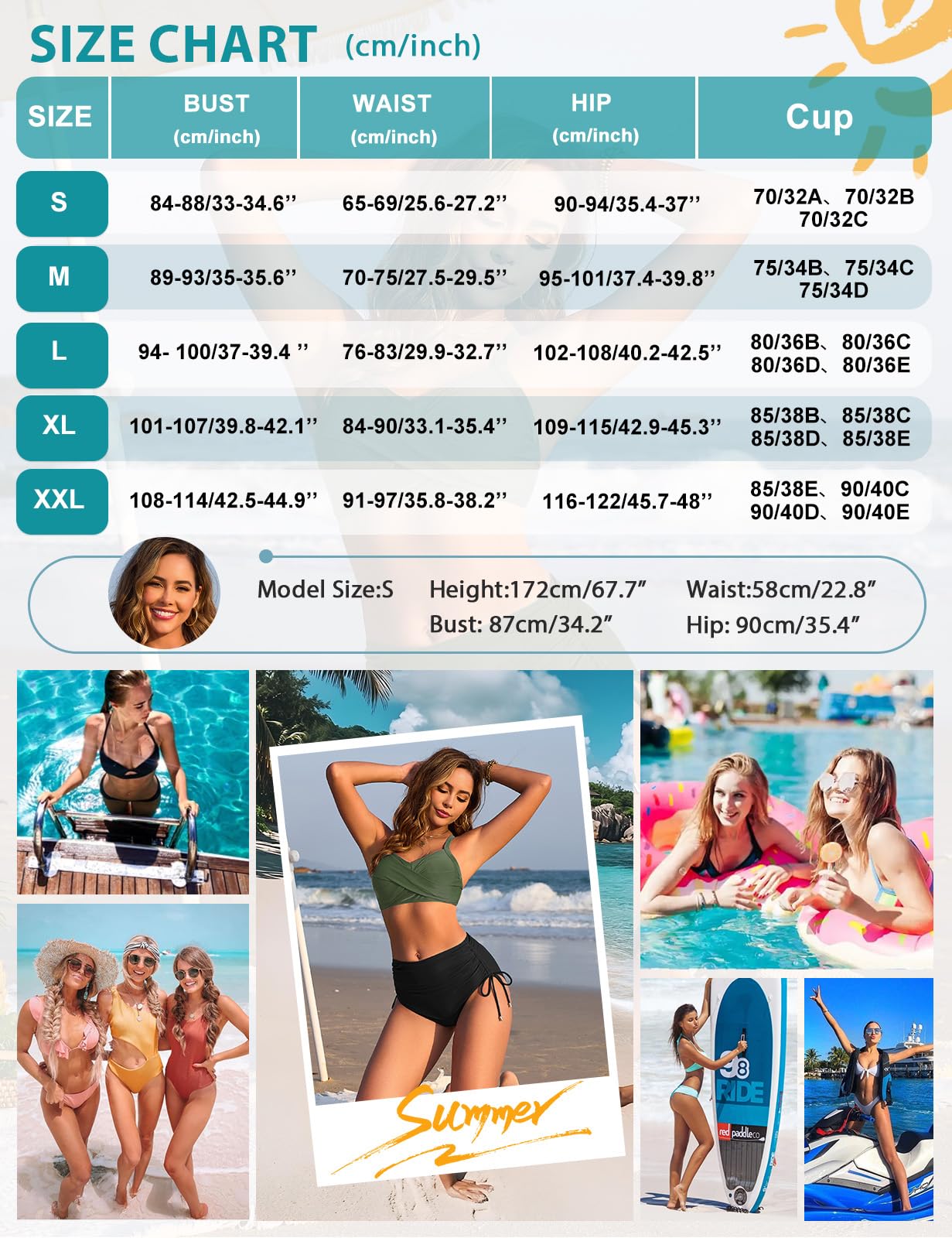 Nadeer Costume da Bagno Donna Push Up Scollo a V Imbottito Reggiseno Due Pezzi Bikini Pantaloncini da Bagno con Coulisse Laterale a Pieghe Sexy Spiaggia Beachwear Swimwear