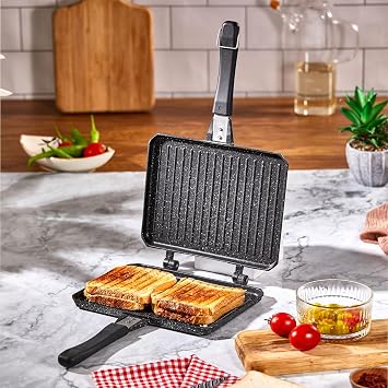 Deconox Double Sided Cooker Top Cast Toaster, Granite Effect Fireproof Nonstick Sandwich and Toast Pan - Ideal for Hamburgers, Omelets and Snacks | Easy to Clean Grill Pan with Ergonomic Handle