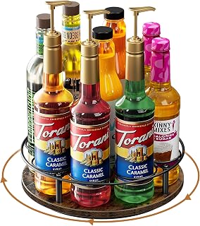 Nuovoware 9 Bottles Rotating Coffee Syrup Rack, Coffee Syrup Rack Organizer Carbon Steel Frame with Wooden Base Bottle Holder for Syrups Table Top Thermos Liquor, Brown+Black