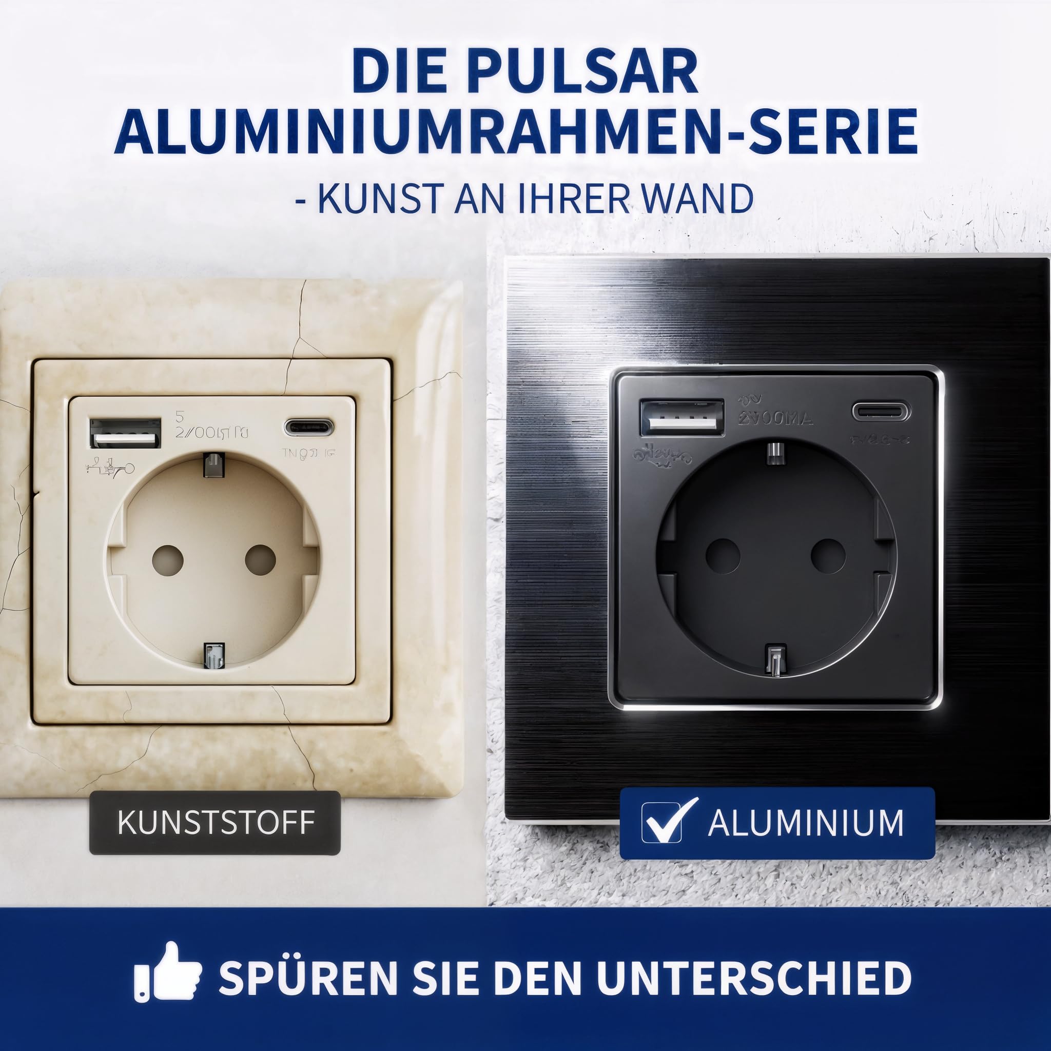PULSAR Schuko-Steckdose USB-C/A 20 W 16A Schwarz 3-Fach Aluminium-Rahmen