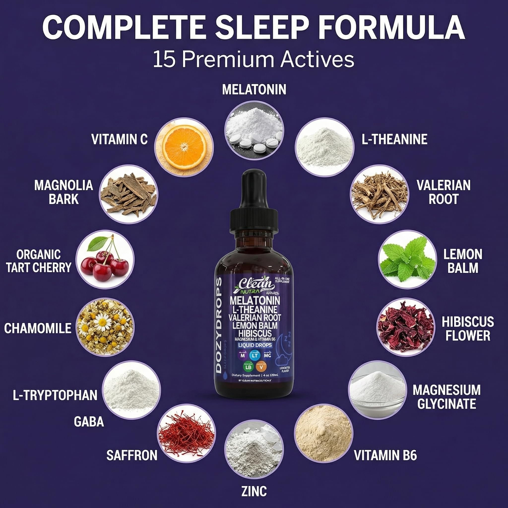 Clean Nutra Melatonin 10mg Drops Magnesium Vitamin B6 L-Theanine Valerian Hibiscus Lemon Balm Supplement Liquid Sugar-Free Vegan Natural Sleep Support Aid Lemon Tea Flavor 120mL Formula — Amazon image 4