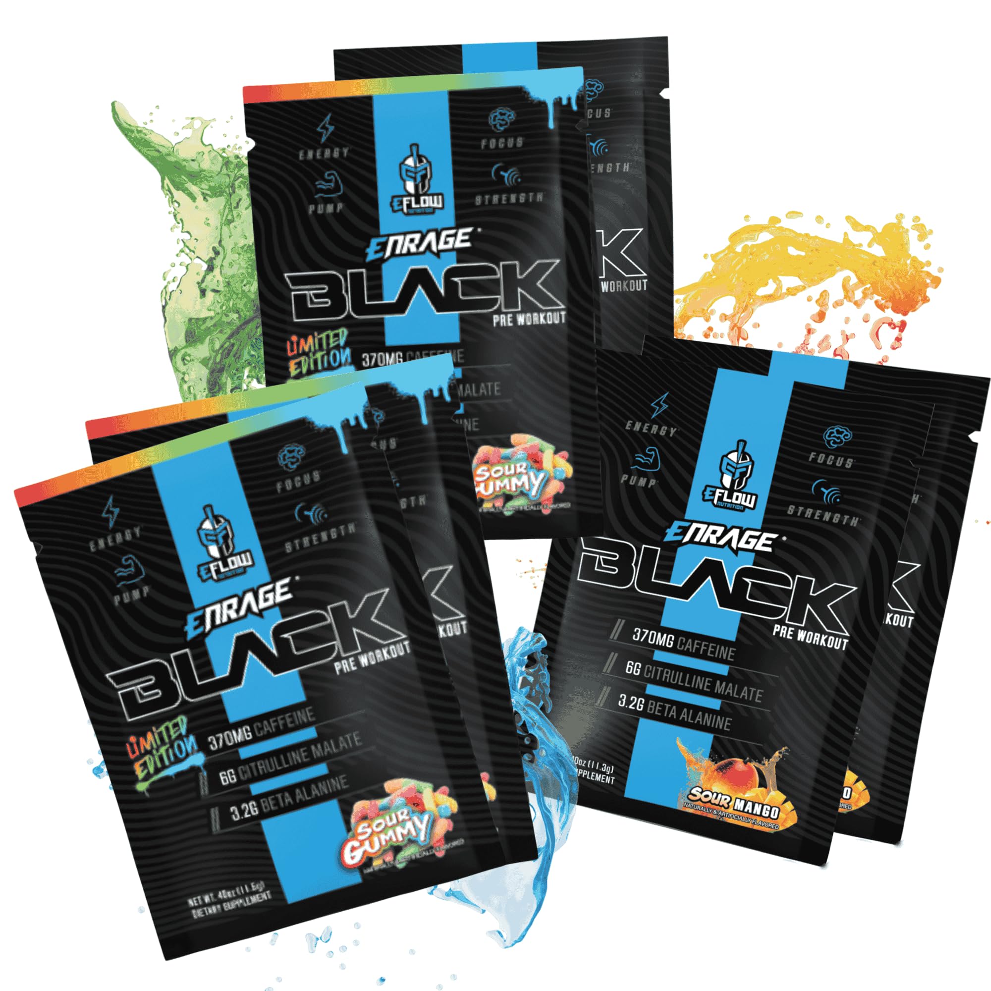 eFlow Nutrition ENRAGE Black Sour Gummy Preworkout Sample Packs - Travel Packs - High Stim Energy, Pump, Strength, Endurance, Focus, Nootropic Formula - Sour Gummy Flavor (6 Packs)