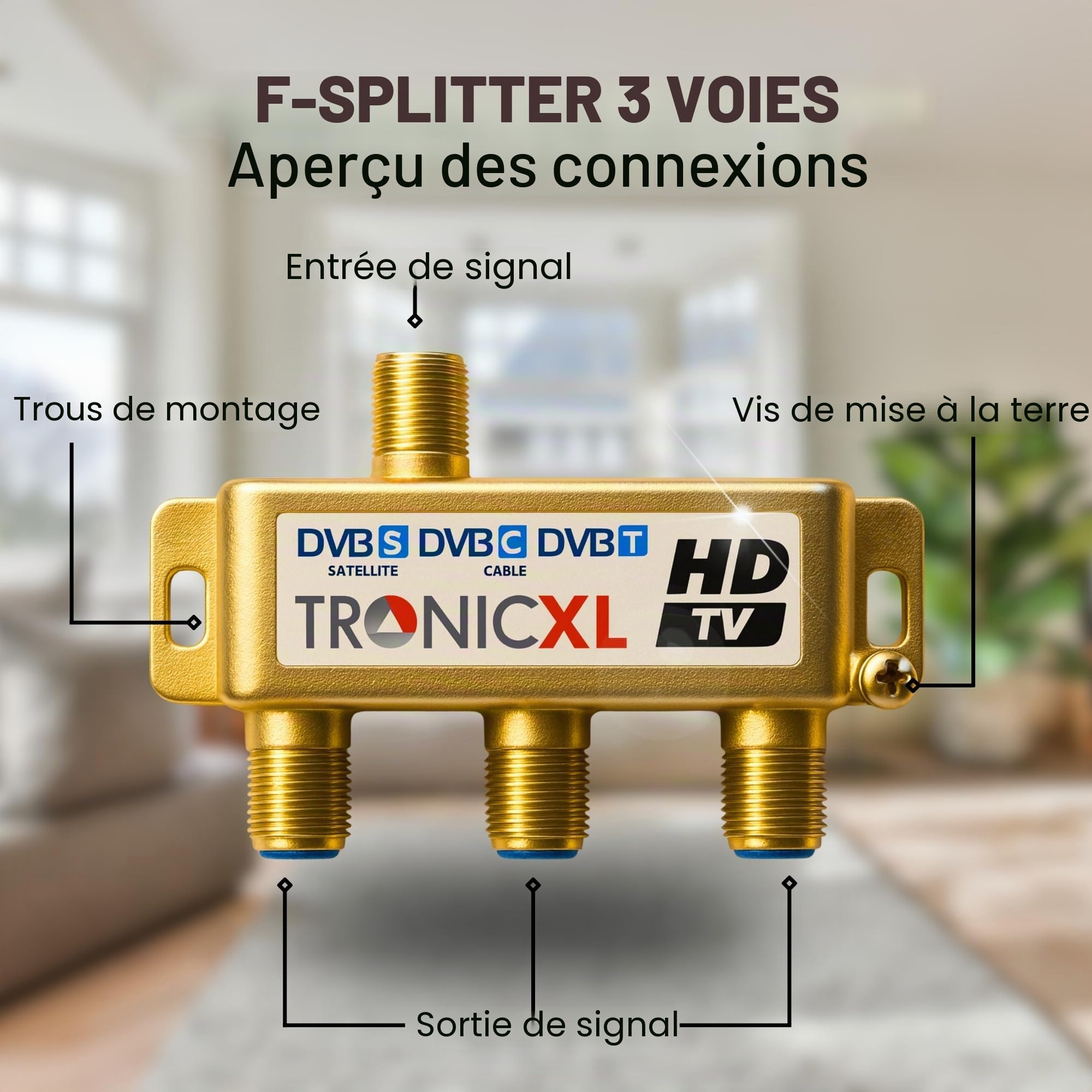 TronicXL 24K Distributeur Large Bande Câble répartiteur 3 Voies TV Souple pour TNT télévision par Sat UHF VHF câbles Splitter Unicable HD 3D 4K numérique DVB-S2 BK Radio F Satellite Séparateur