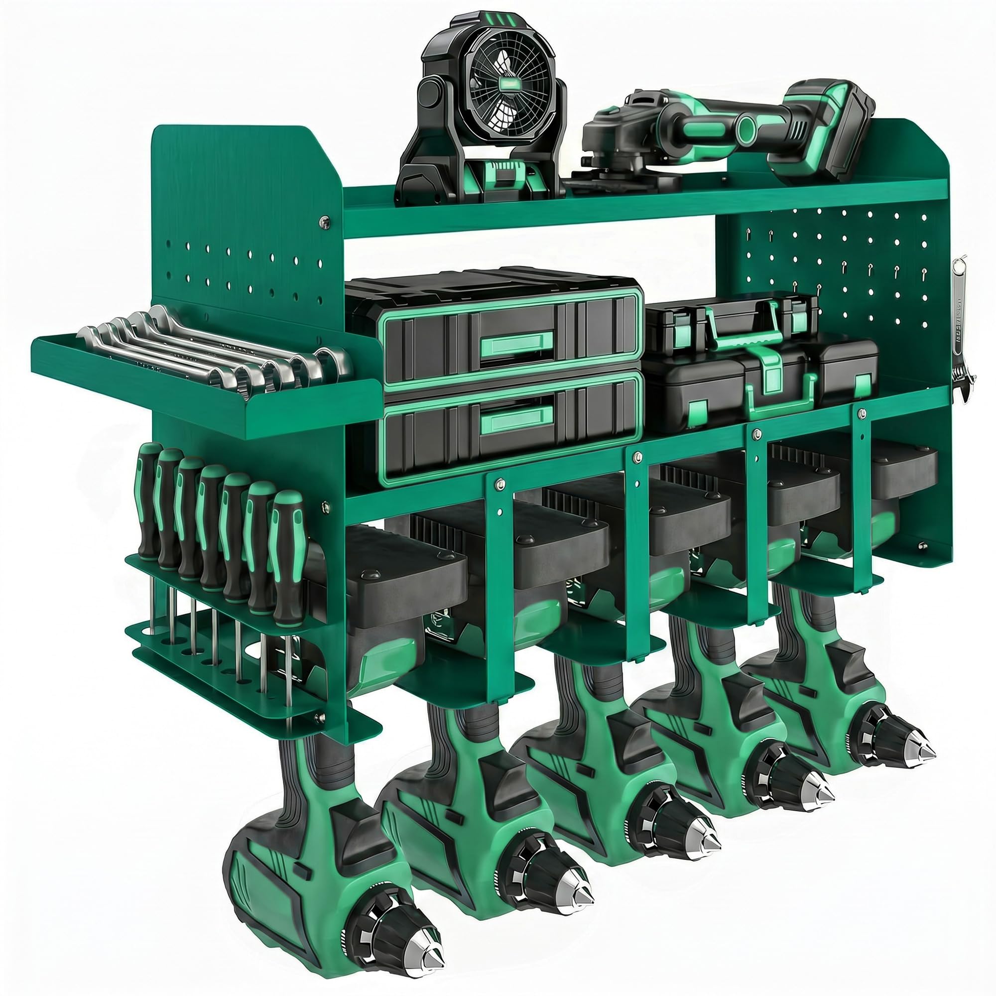 Outsunny Organizer per Utensili Elettrici, Porta Attrezzi da Parete, Supporto Heavy Duty per 5 Trapani Elettrici, in Metallo con Vassoio Laterale e 4 Ganci per Garage, Capanno, Officina, Verde