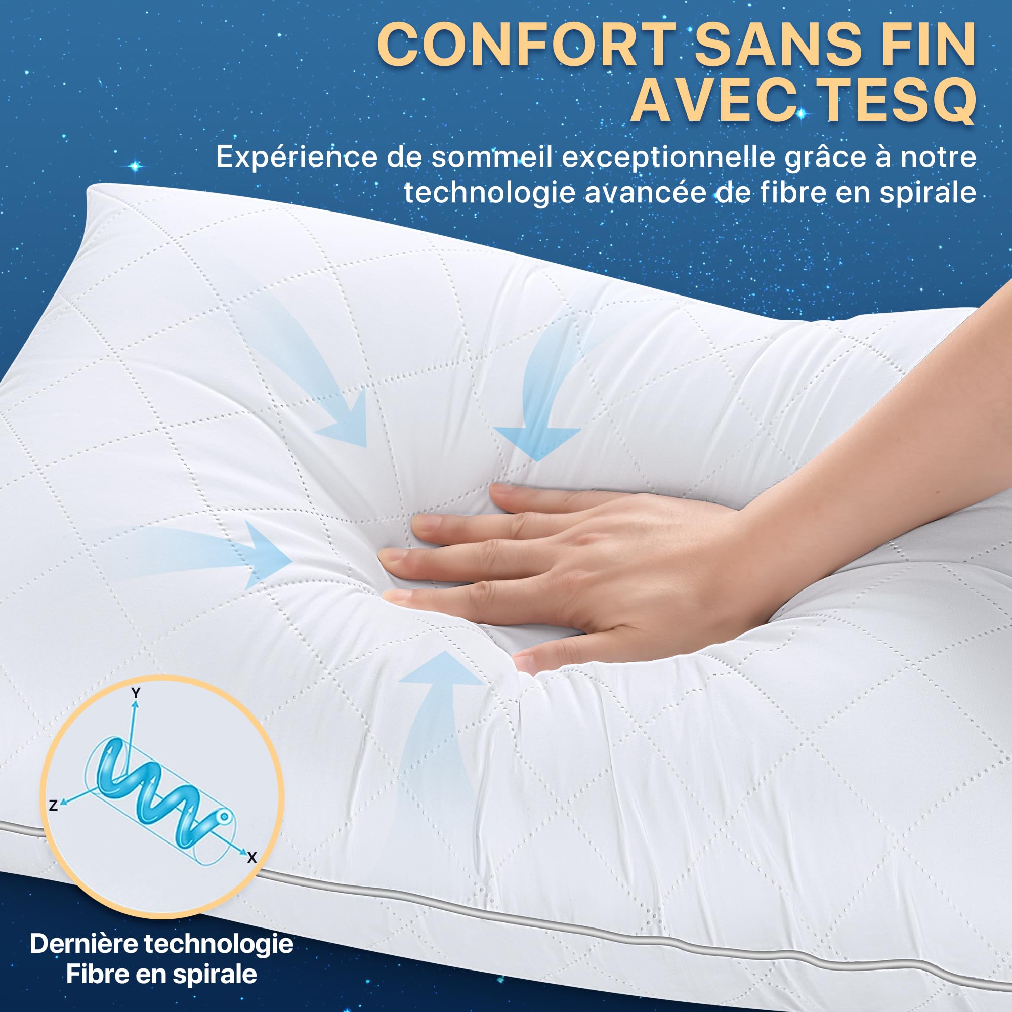 TESQ Oreiller 65x65 cm Lot de 2, Qualité Hôtelière, Certifié Oeko-TEX | Lavable, Confort Moelleux, Housse Respirante, Hypoallergénique, Adapté à Toutes Les Positions de Sommeil
