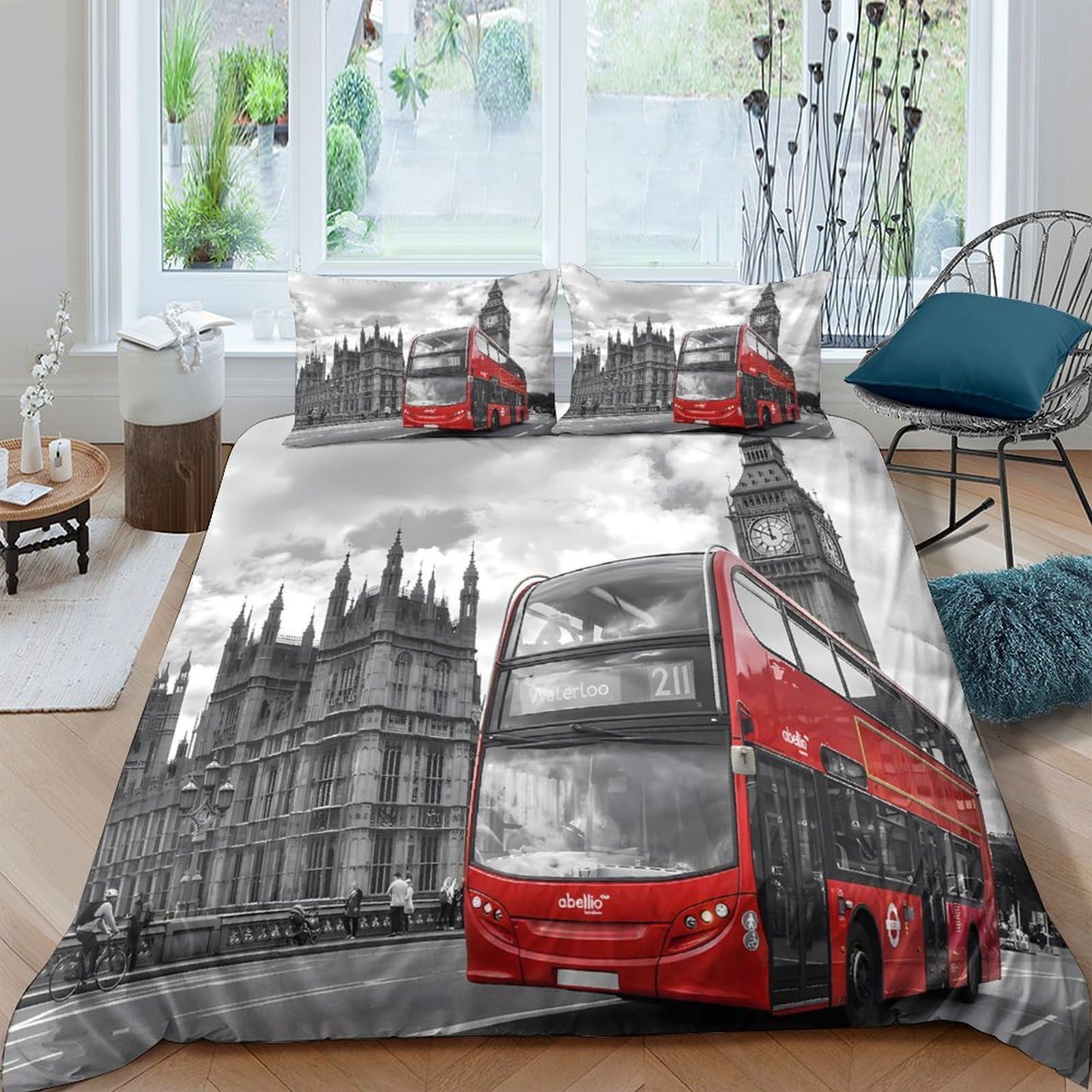 KLVWXZRYQ 3D Printed Breathable Microfibre London bus Comforter Cover Soft Bedding Set with Pillowcases cityscape travel style Bed Quilt Cover All Season Easy Care for Couples Single（140x200cm）