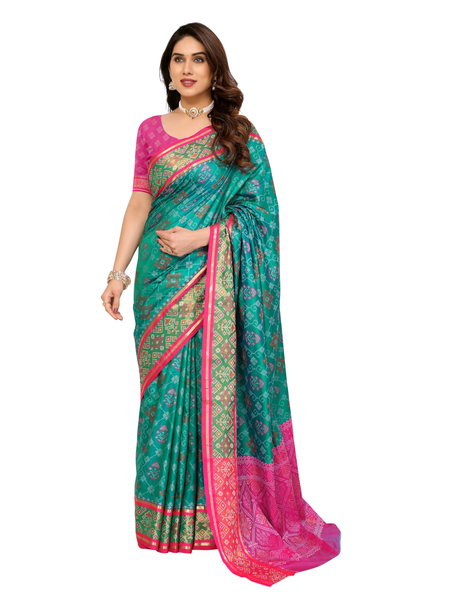 sidhidata Women's Ajrak Patola Soft Litchi Silk Kanjivaram Banarasi Silk Saree With Unstitched Blouse Piece (Patola)-picture-17