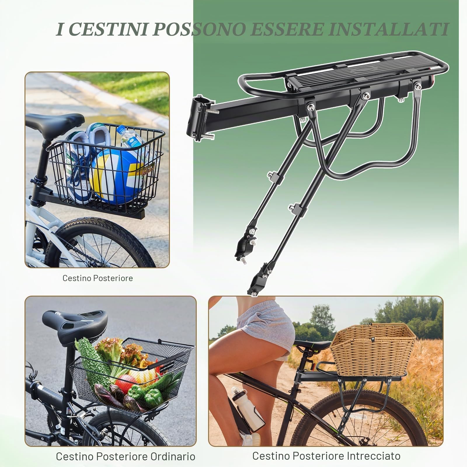 ZUKKA Set portapacchi per bicicletta da 22 – 29 pollici/700 C, regolabile, universale, in ferro, carico massimo 110lbs (50 kg) per mountain bike e bici da corsa