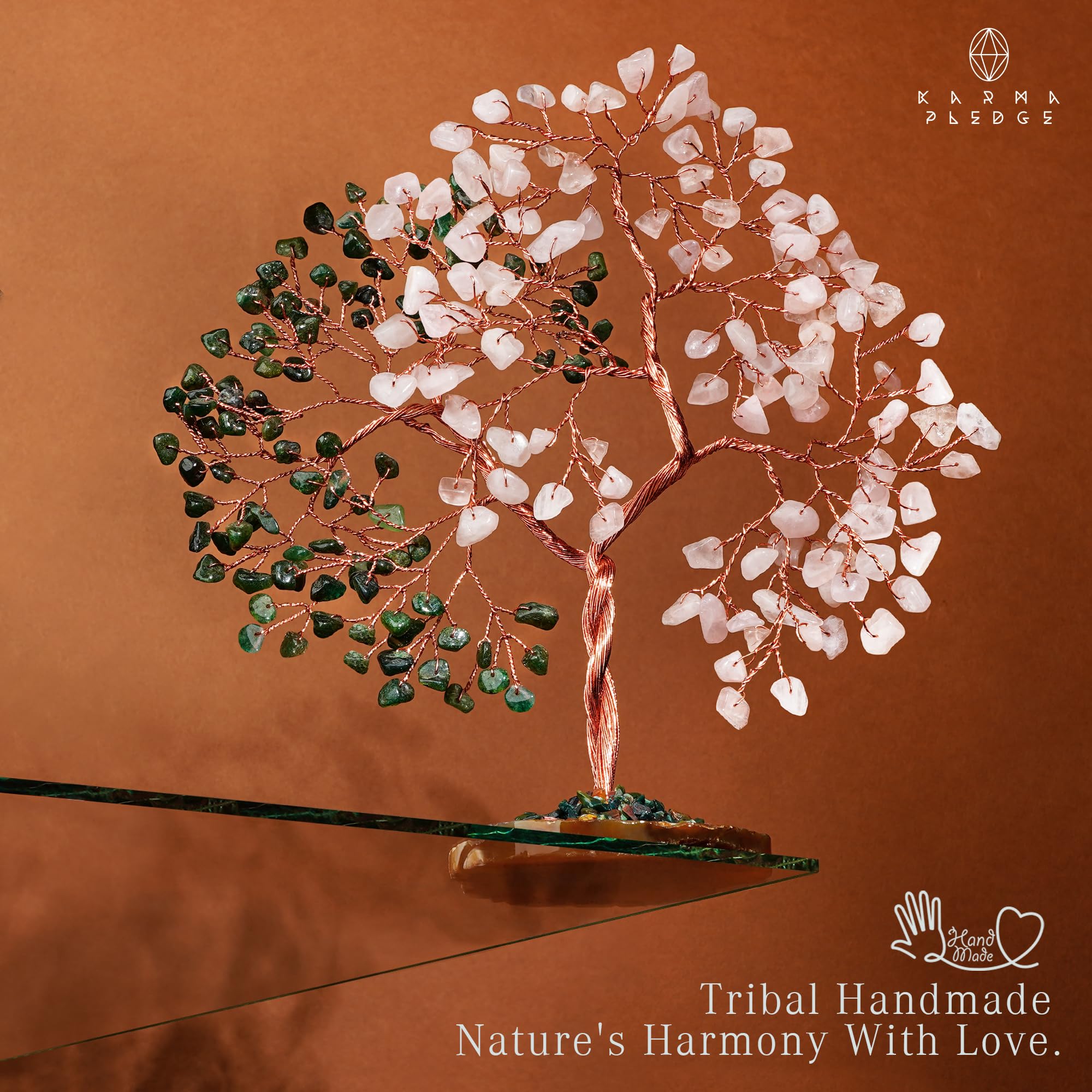 Handmade Healing Crystal Tree of Life Green Aventurine & Rose Quartz Chakra Tree for Money, Good Luck, Feng Shui Home Decor, Living Room Office Deocration, Unique Birthday Gifts for Women, Men, Mom