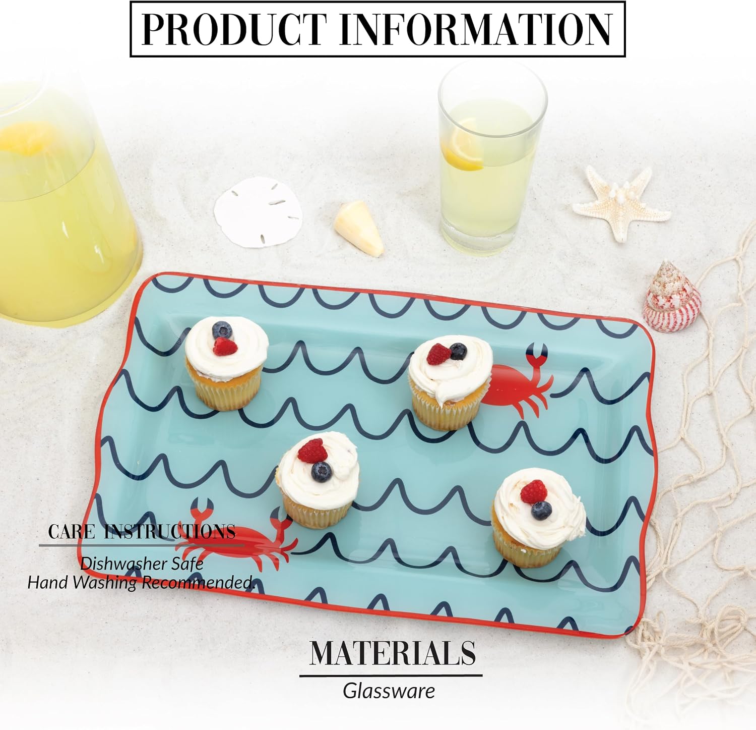 Pavilion Gift Company - Beach - 16.75" x 11" Serving Tray Dish Platter Crab Waves Boat Beach Ocean Seaside Waterfront Kitchen Decor Serveware