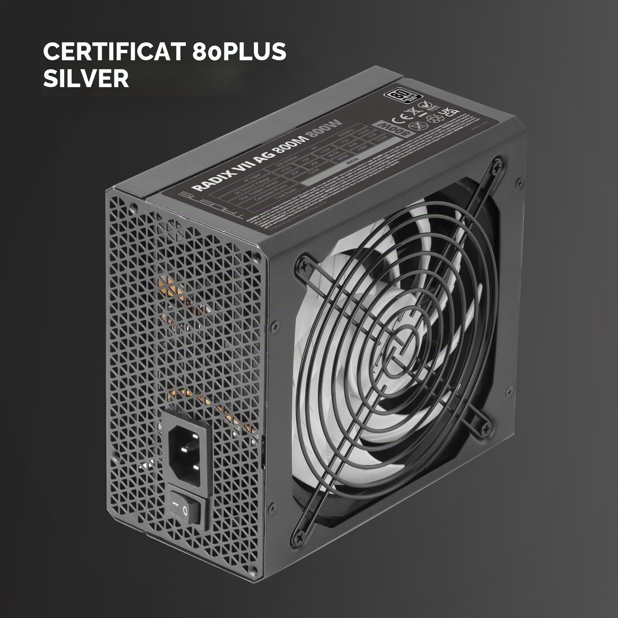 Tacens Radix VII AG 800M, Alimentation Modulaire PC ATX 800W, Garantie 10 Ans, 80Plus Silver, Technologie AI-RPM Silencieuse, Efficacité 87%, Noir