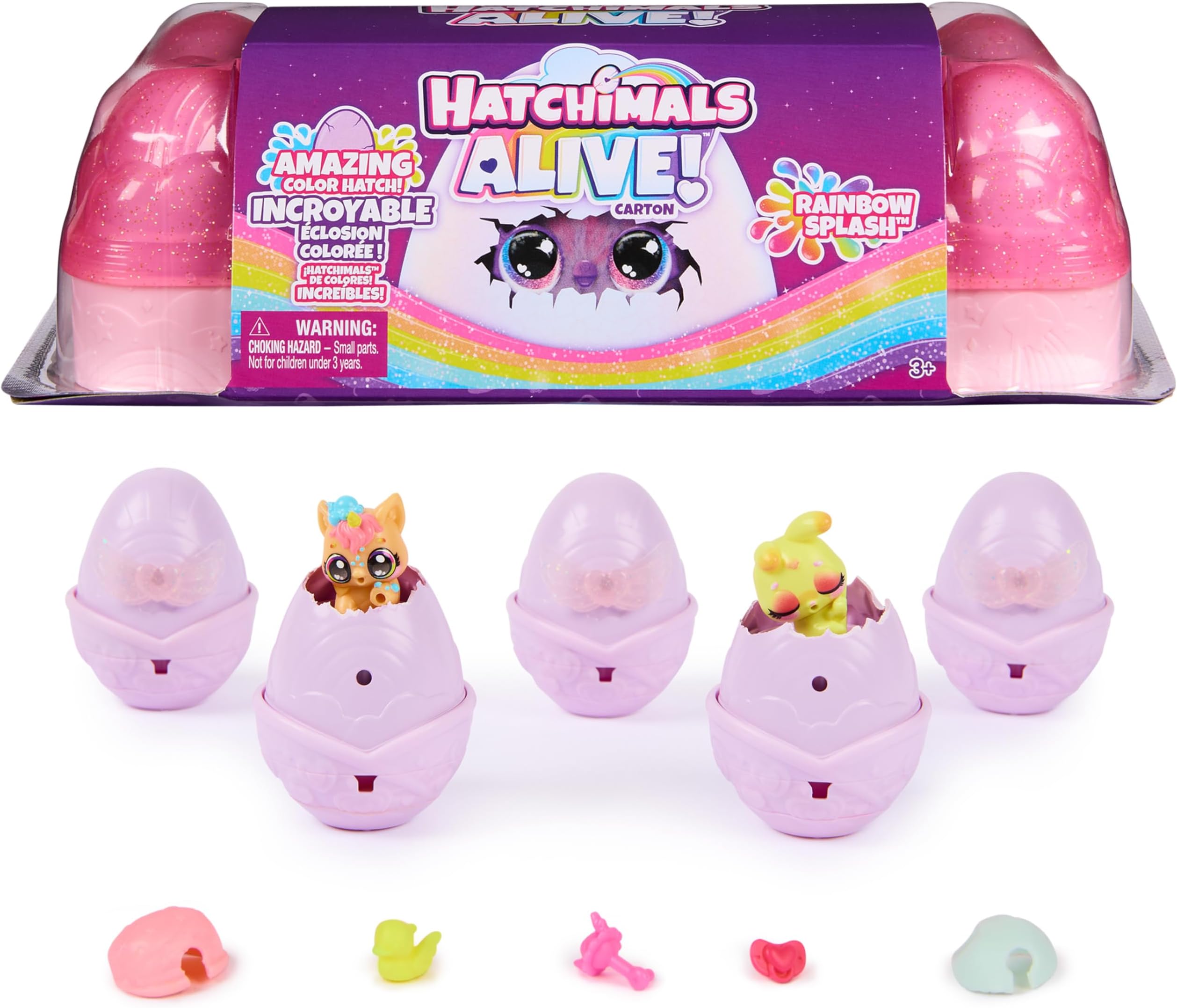 Alive, Rainbow Splash Egg Carton with 5 Mini Figures in Color Reveal Eggs & 10 Accessories, Kids Toys for Ages 3 and up