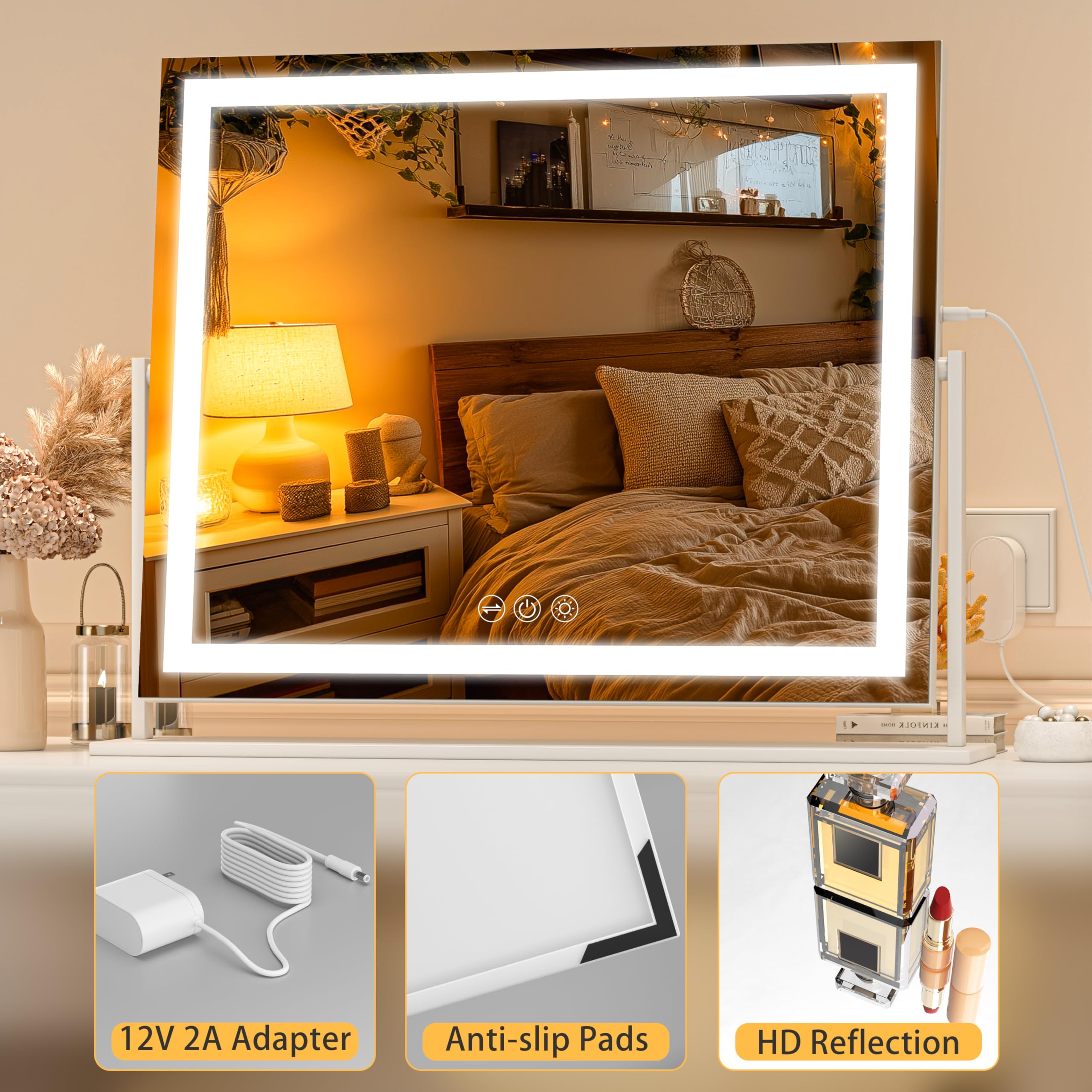 Kosmetikspiegel mit Lichtern, 55 x 45 cm LED Schminkspiegel mit 10x Vergrößerung und 3 Farbtemperaturen, Touch Control Tischspiegel, 360° Drehung, Make-up Spiegel Weiß