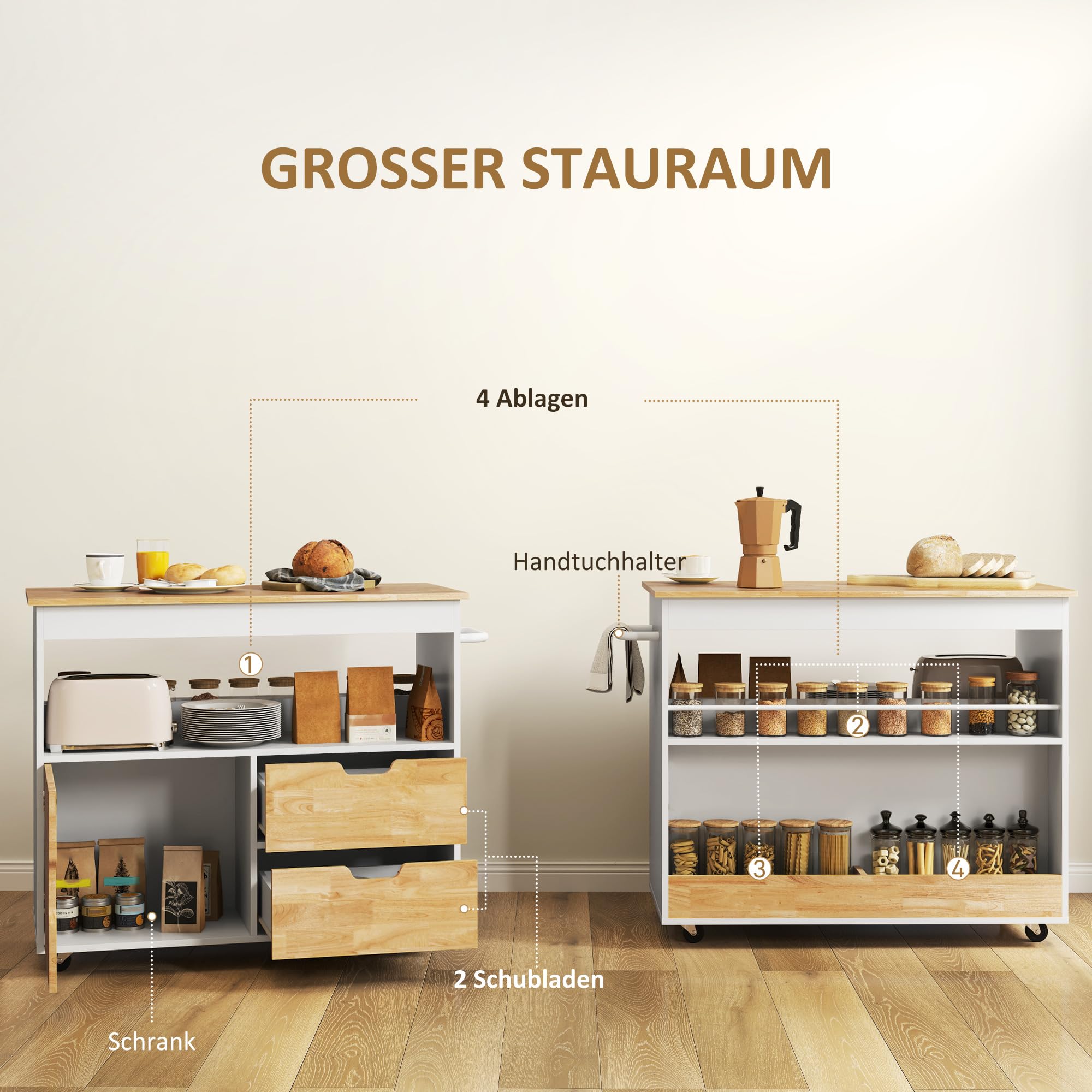 HOMCOM Küchenwagen mit Arbeitsplatte Schubladen Griff 107x50x85cm Eiche