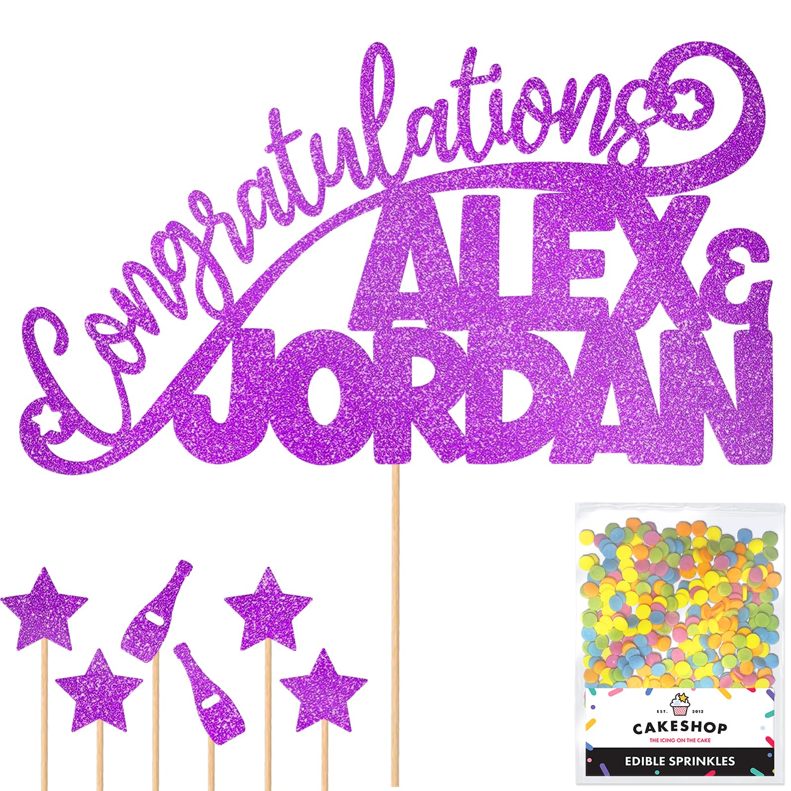 Personalised Congratulations Celebration Glitter Cake Topper - Purple Any Name(s) Cake Decoration and Sprinkles - Any Occasion Party Decorations - Personalised Toppers for Cakes by Cakeshop