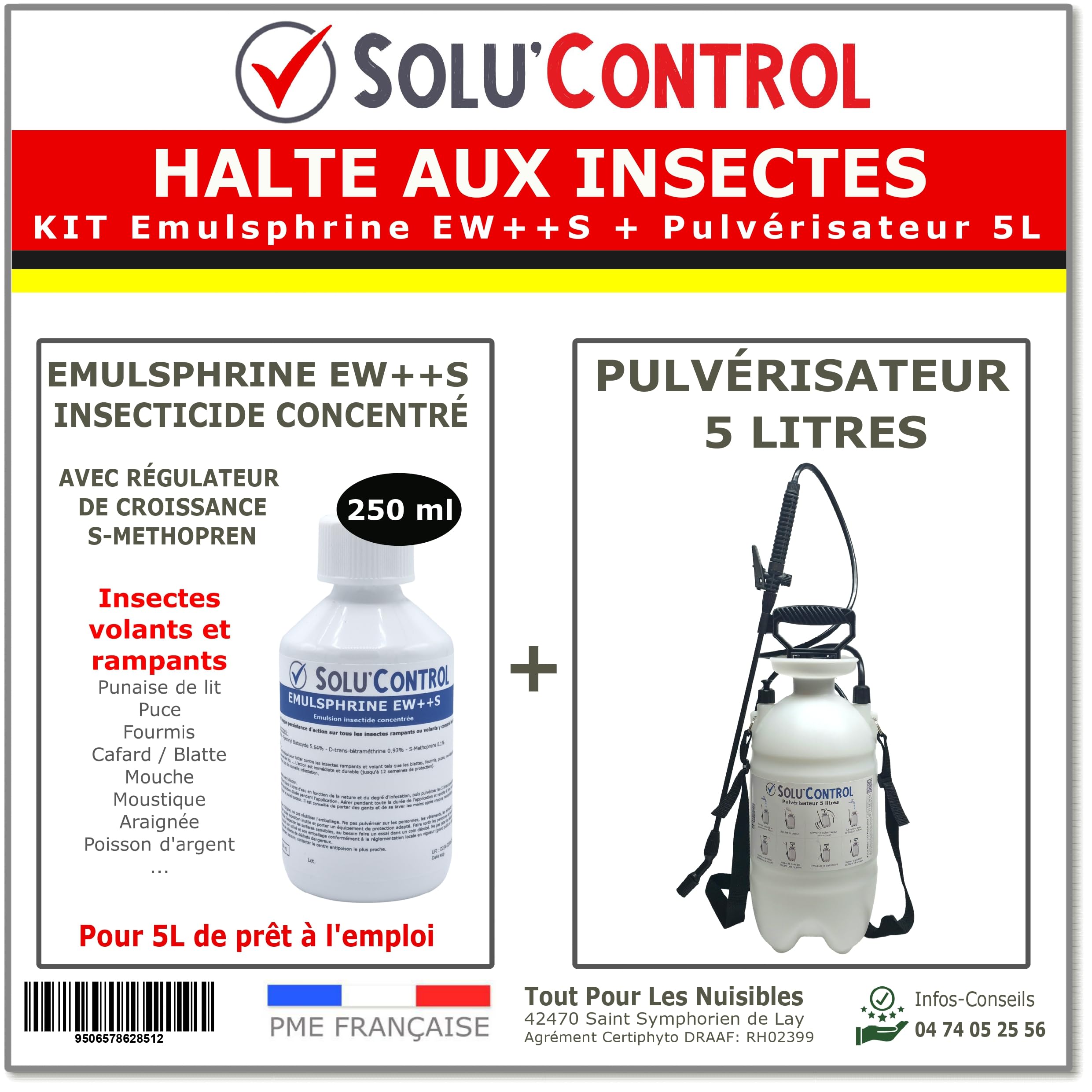 HALTE AUX INSECTES - Kit complet : Insecticide Concentré pour 5 LITRES - Volants et rampants - avec régulateur de croissance S-Methopren - EMULSPHRINE EW++S 250 ml + Pulvérisateur de 5L