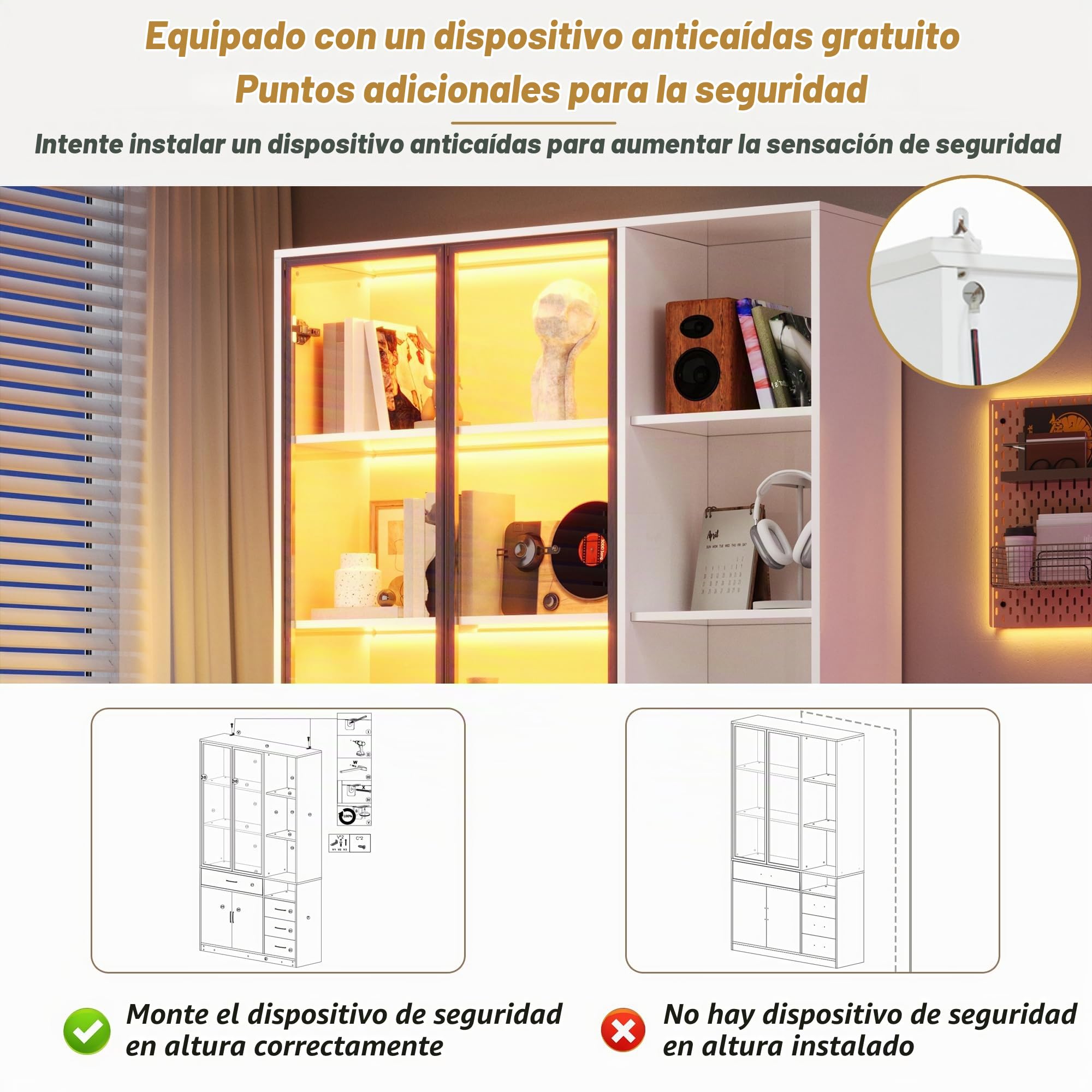 Kebnor Armario alto con vitrina de cristal y LED, estantería para libros con 13 zonas de almacenamiento, 4 cajones y puertas, armarios de almacenamiento, armarios de almacenamiento, adecuado para