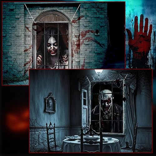 Miniatura 2 de Paquete de 4 cortinas de fantasmas de Halloween, cubierta de siluetas de ventana aterradoras de Halloween, fantasmas de terror, zombis masculinos y