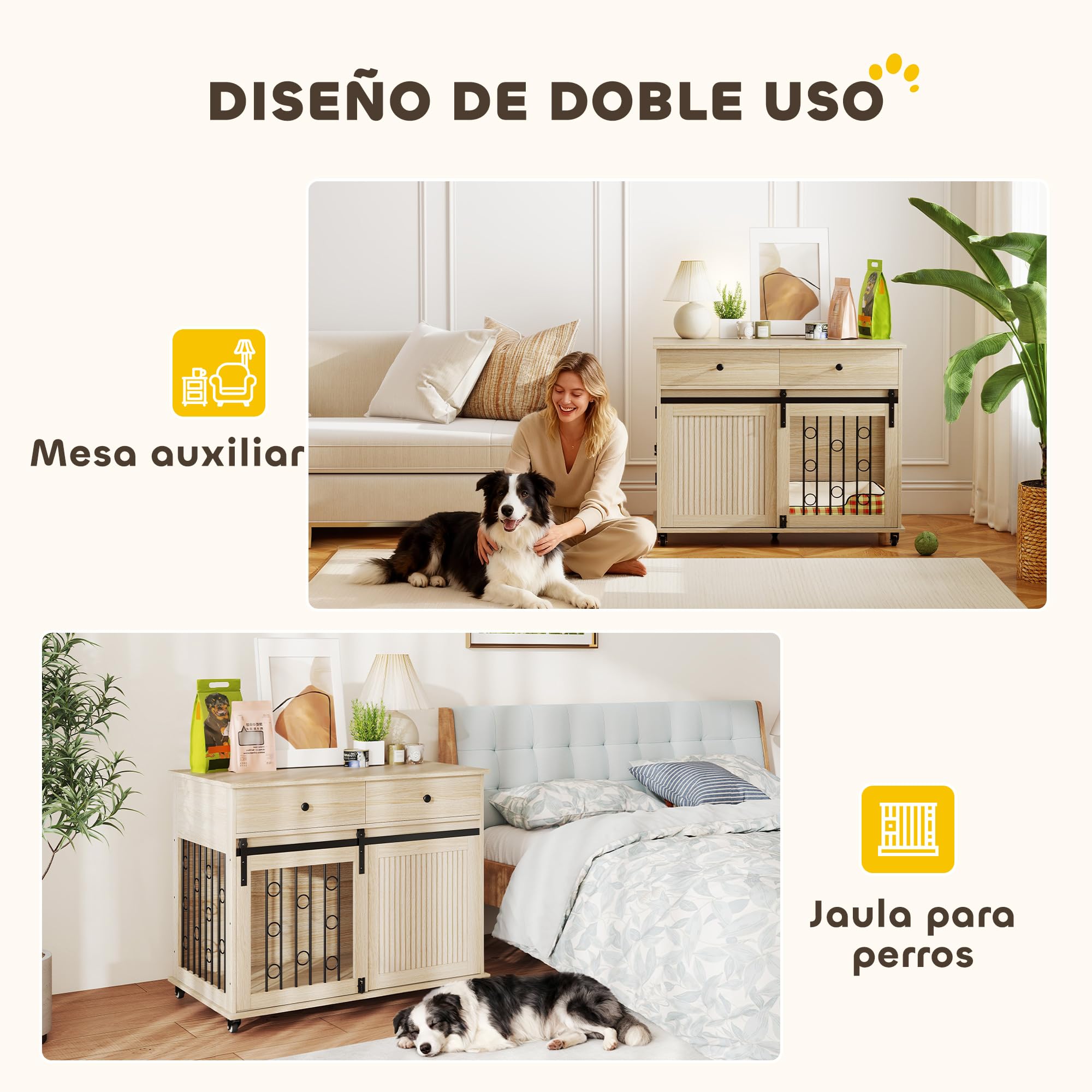 PawHut Jaula para Perros con Ruedas, Mesa Auxiliar, Casa para Mascotas Moderna con 2 Cajones, 2 Puertas y Cierre, para Perros Medianos y Grandes, 100x56x81 cm, Roble