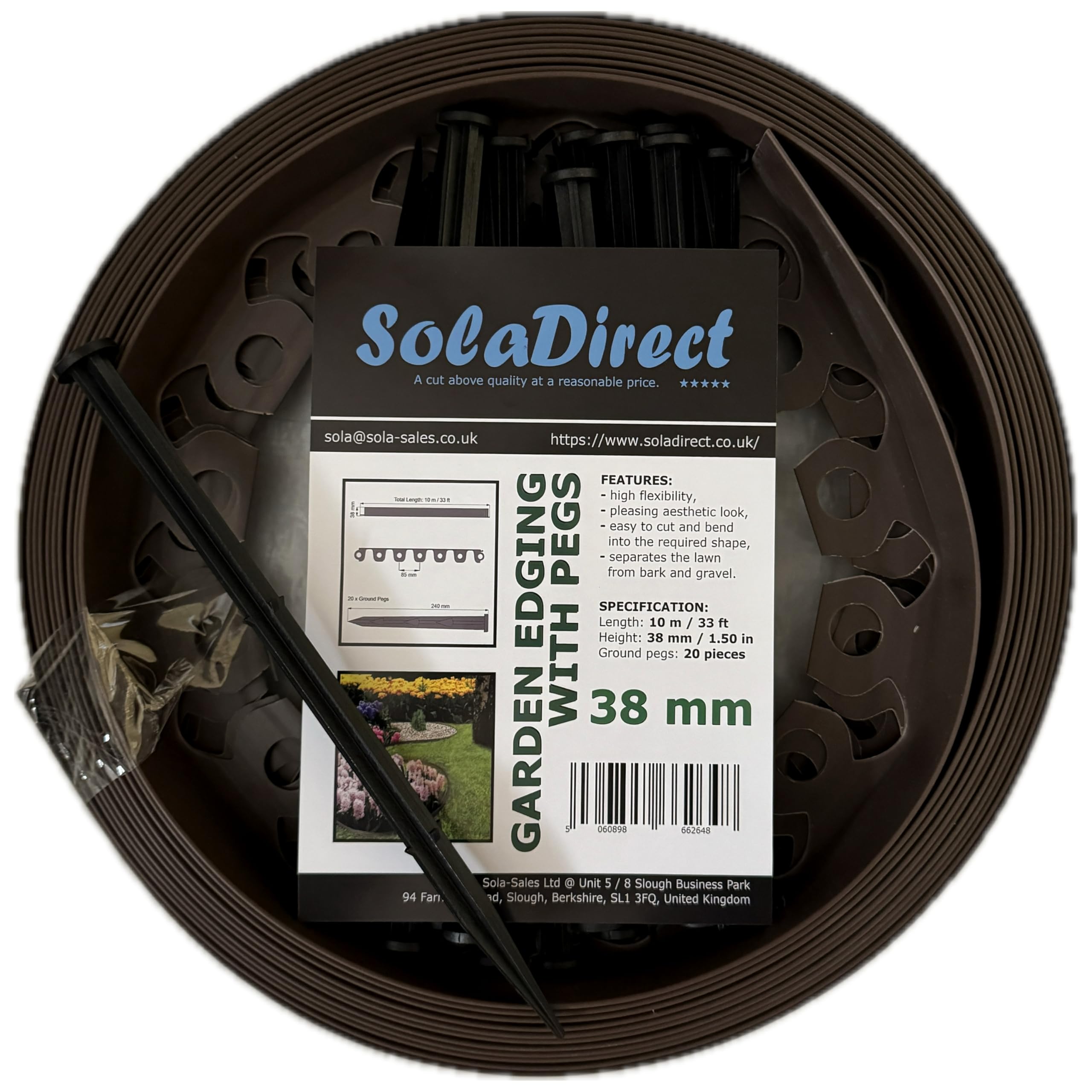 Brown Lawn Edging Border - 10 m / 33 ft Long Flexible Plastic Garden Edging & 20 Securing Pegs - Easy to Cut and Shape - Perfect for Flower Beds, Lawn, Pavement (38 mm High)