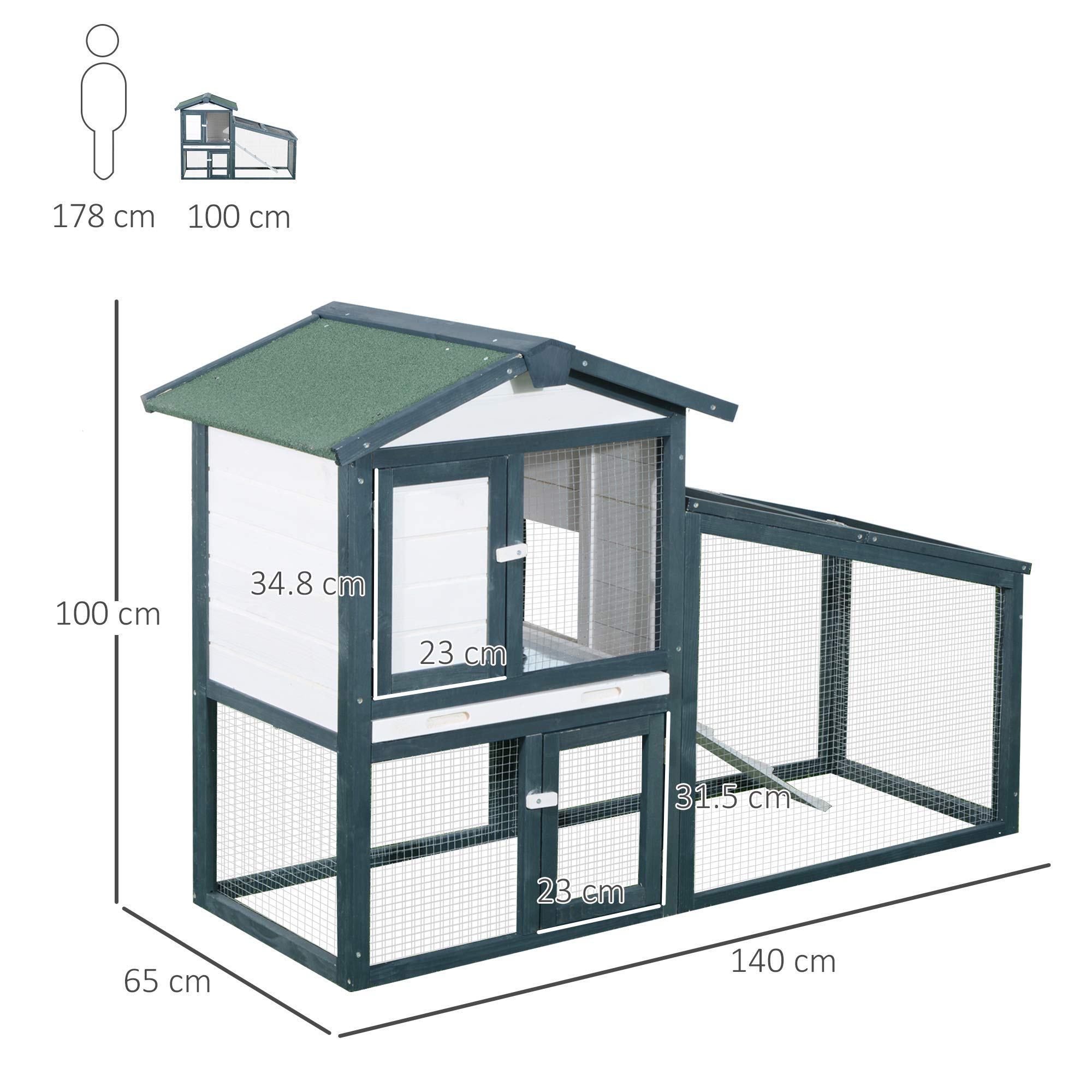 PawHut Gabbia per Conigli Animali in Lengo di Abete Doppia Porta 140 x 65 x 100cm Verde e Bianco