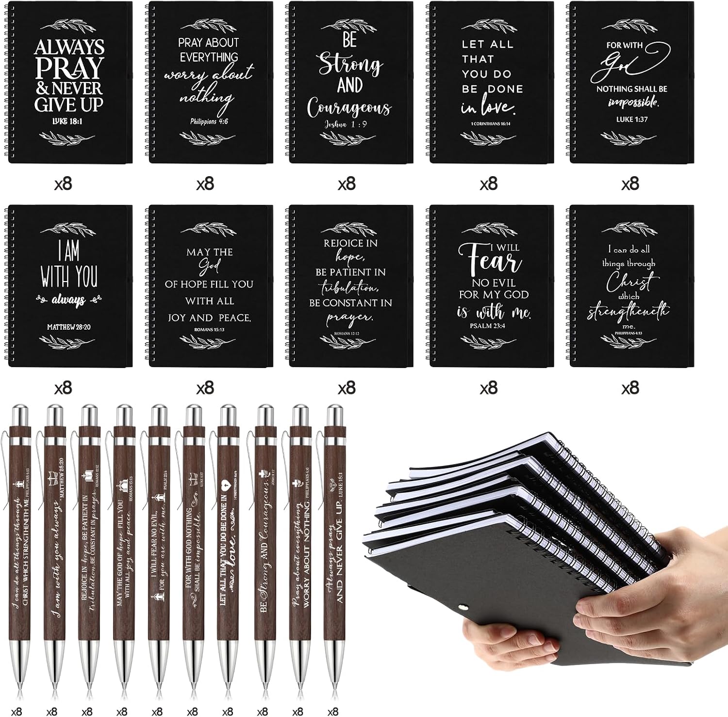 Kosiz 160 Pcs/ 80 Set Mother's Day Christian Gift Bulk A5 Spiral Notebook 5.5"x8.3" Christian Prayer Journal Bible Ballpoint Pen Fathers Day Religious Gift for Women Sunday School Church Member (Black)