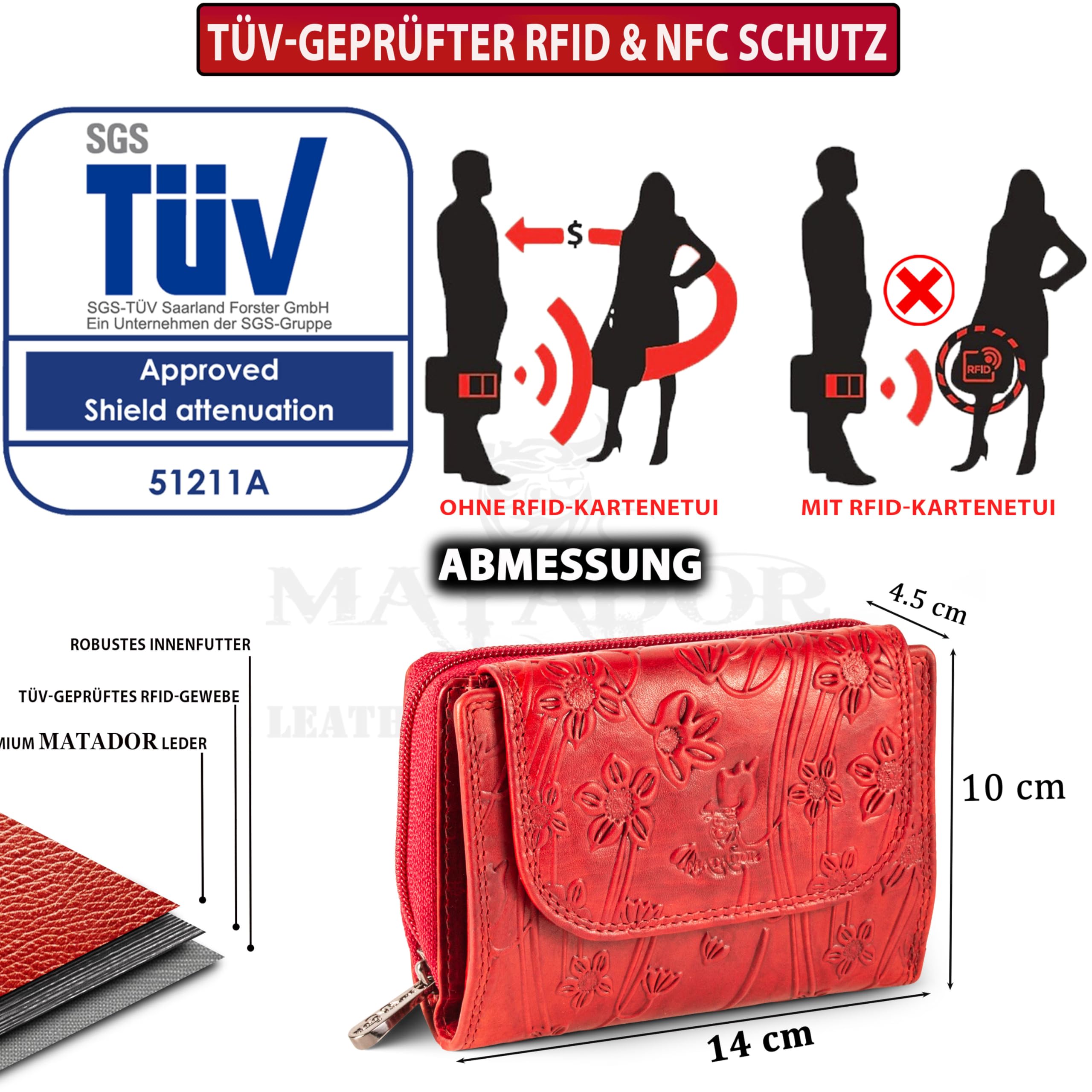 MATADOR Portmonetka damska ze skóry #Murcia ze szlachetnym pudełkiem prezentowym, elegancka portmonetka średniej wielkości z blokadą RFID, luksusowy portfel damski, średniej wielkości, wiele