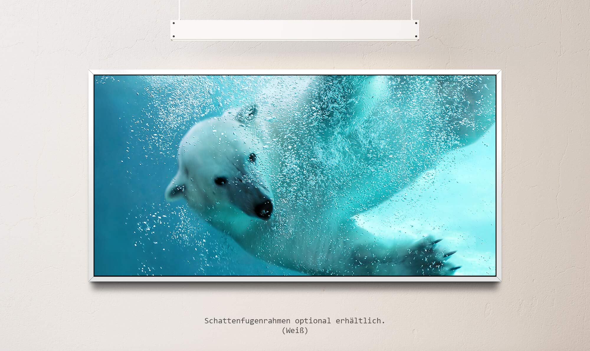 schwimmender Eisbär ca. 130x70cm Wandbild inklusive Schattenfugenrahmen weiss - Panorama Leinwand Bild XXL Format Wandbilder Wohnzimmer Wohnung Deko Kunstdrucke