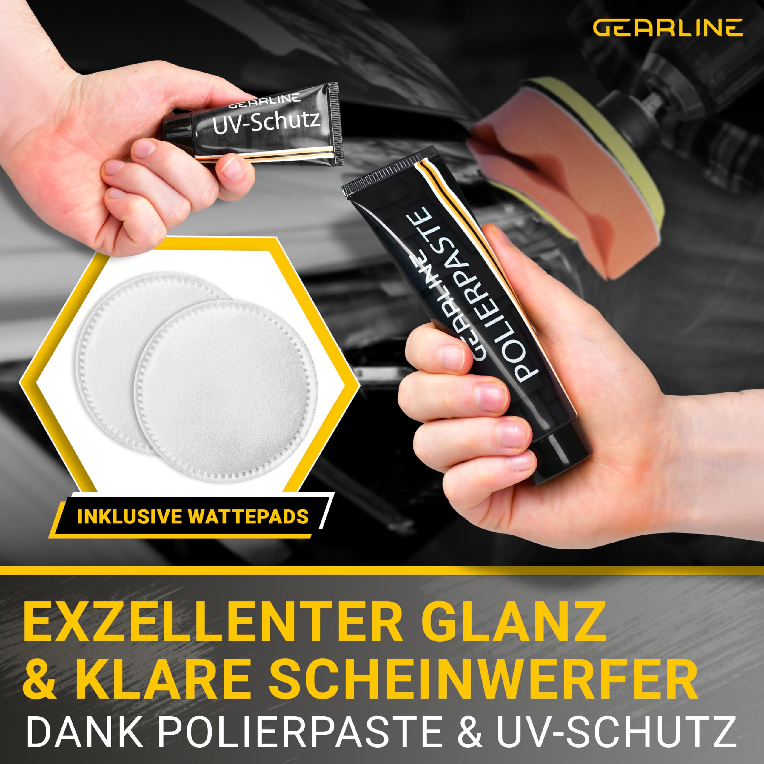 Scheinwerfer Aufbereitung Set [24 Teile] - Polierset für matte & blinde Scheinwerfer - Inkl. UV-Schutz, Polierpaste, Adapter & 14 Schleifscheiben - Auto Polierset zur Aufbereitung