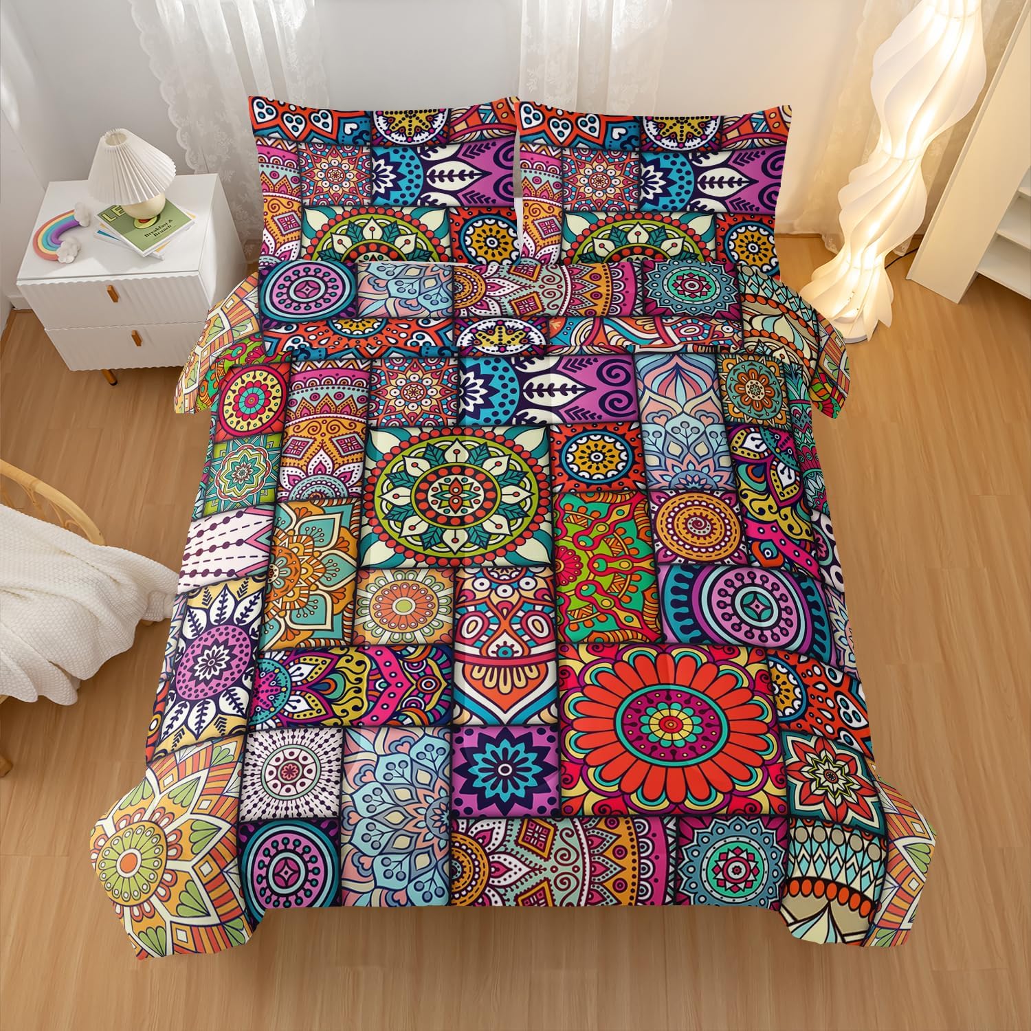 Nttopship Colorful Bohemian Comforter Sets Full Size,Geometry Bohemia Bedding Set for Your Room,Abstract Soft Lightweight Quilted Set All Season,1 Comforter and 2 Pillowcases