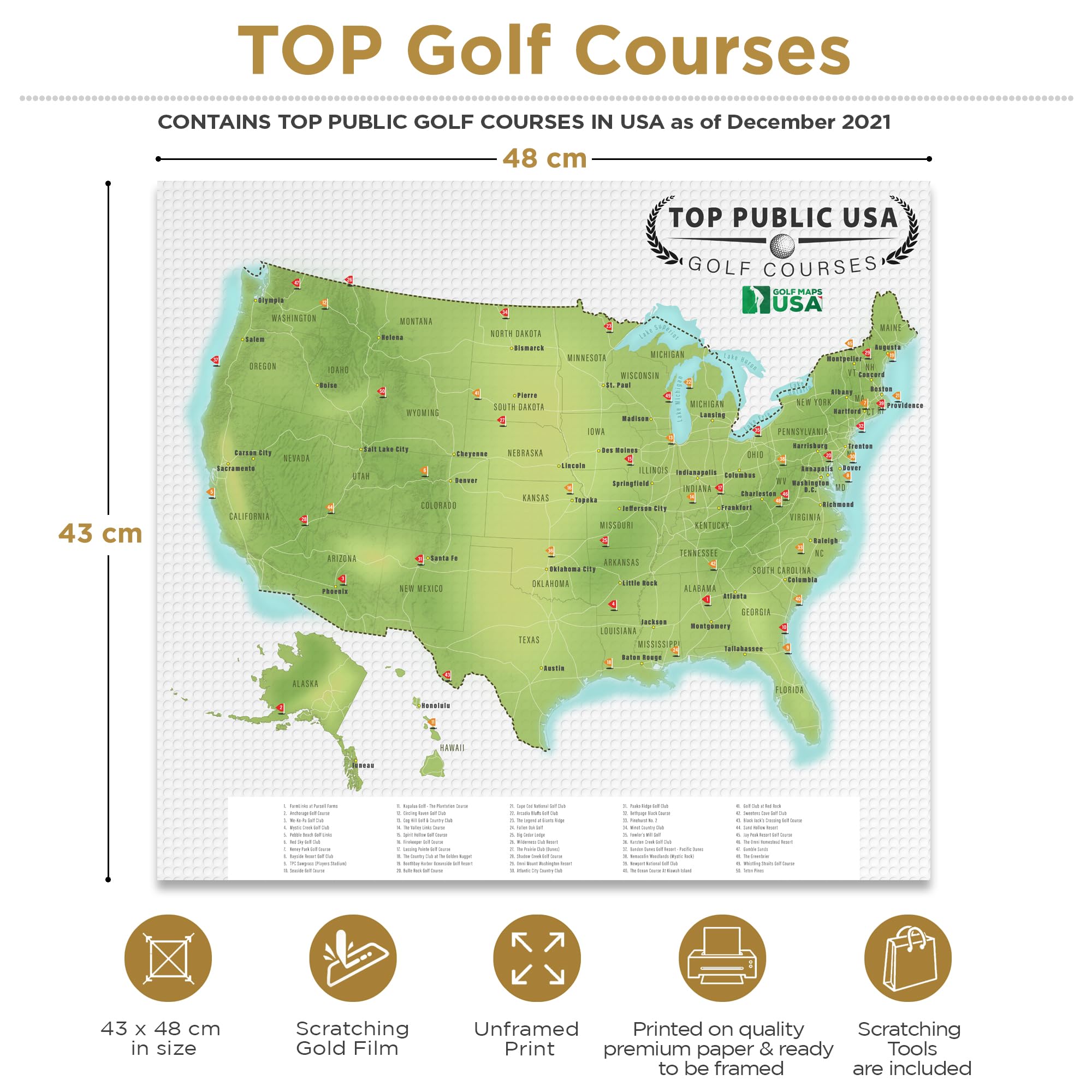 Golf Maps USA Top Public Golf Course in Each State Golf Scratch Map - Scratch-Off Golf Print with Eye-Catching Red Flags - Golfing Wall Decor - Unique Poster Gift for Golfers (Updated June 2023) - Image 2
