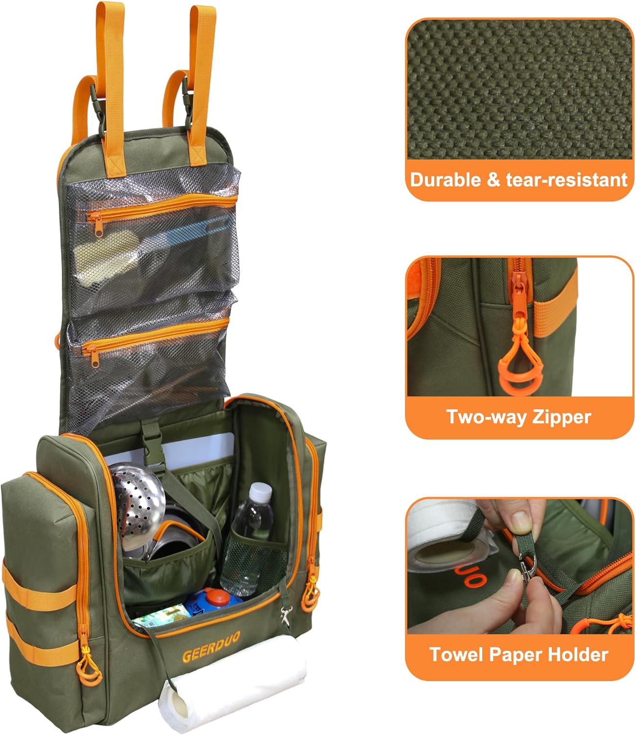 Tactical Camp Kitchen Organizer, Large Camping Utensil Storage Bag with Paper Towel Holder & Multi Pockets, Hanging Outdoor Cookware Organizer for Overlanding