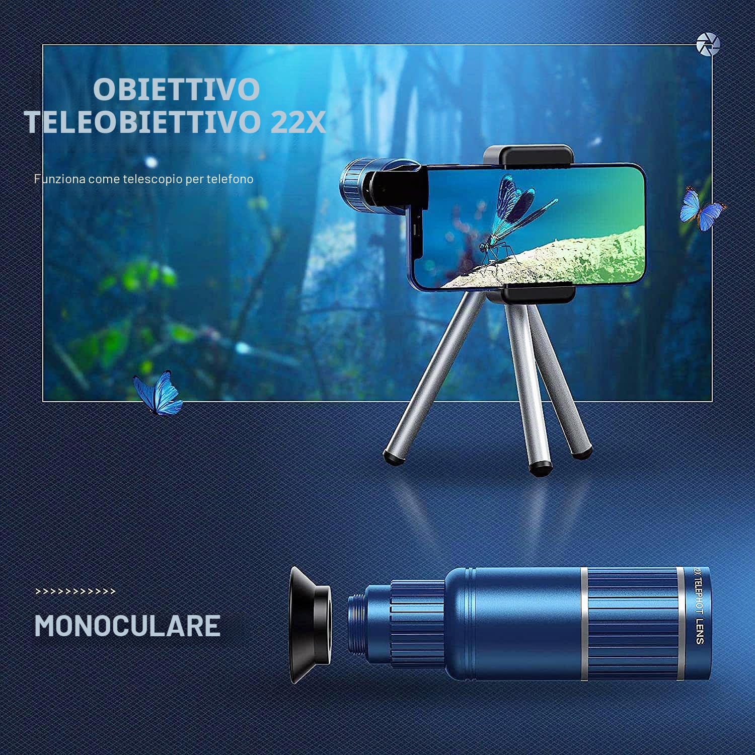 Kit obiettivo fotocamera per telefono versione aggiornata: include teleobiettivo 22X, obiettivo fisheye da 205°, obiettivo grandangolare 0,67x, obiettivo macro 25x, clip e mini treppiede per