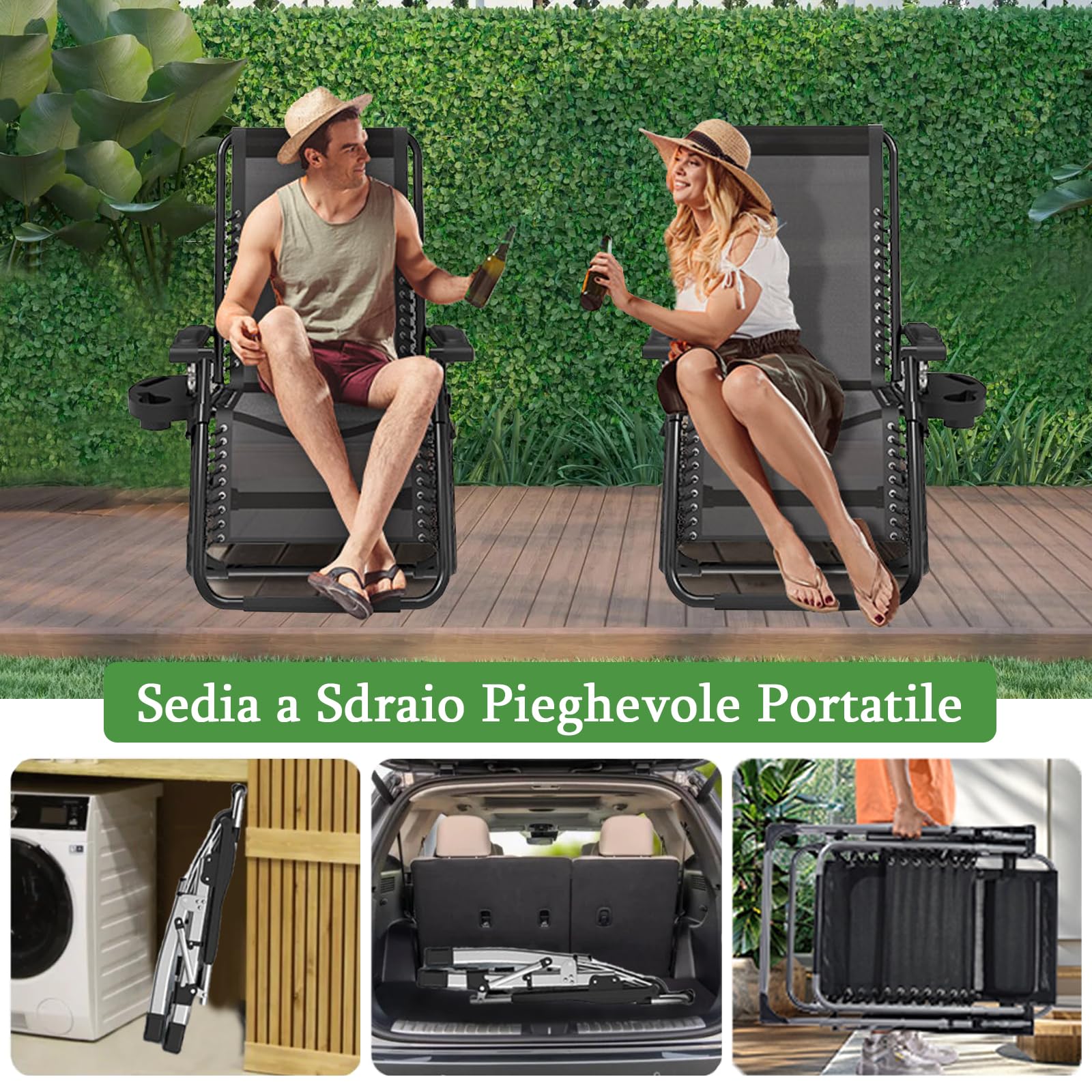 Sedia a Sdraio Pieghevole Largo 72 cm Sdraio da Giardino Esterno con Stuoia e Copertura Sedie, Nero Sdraio da Campeggio con Schienale Regolabile per Spiaggia,Giardino,Piscina, Viaggi