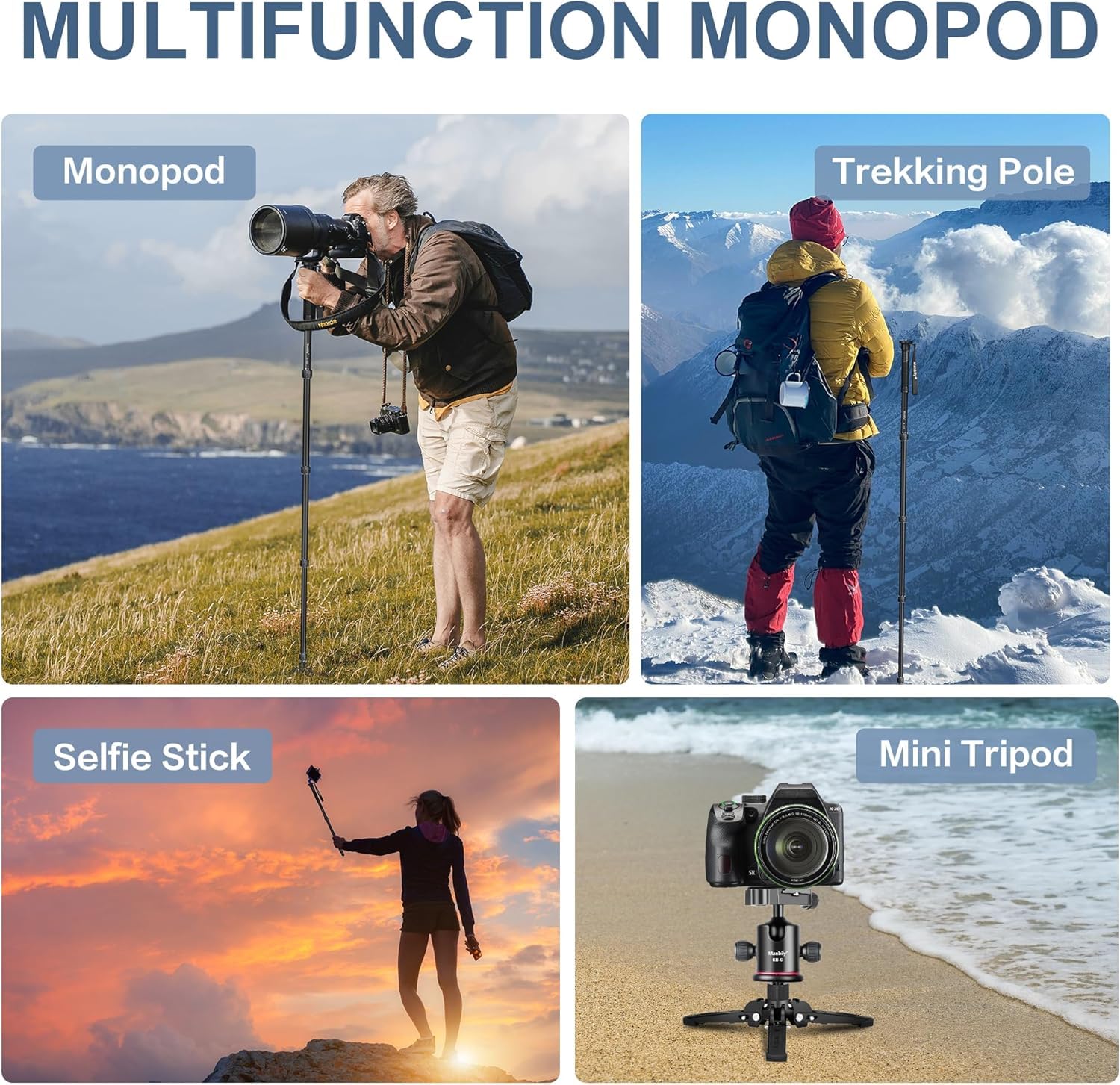 Manbily A-222 Monopode pour appareils photo avec pieds, 5 sections, 170 cm, charge maximale 7 kg, monopode extensible portable en aluminium pour caméscope vidéo DSLR Canon, Nikon, Sony (gris)