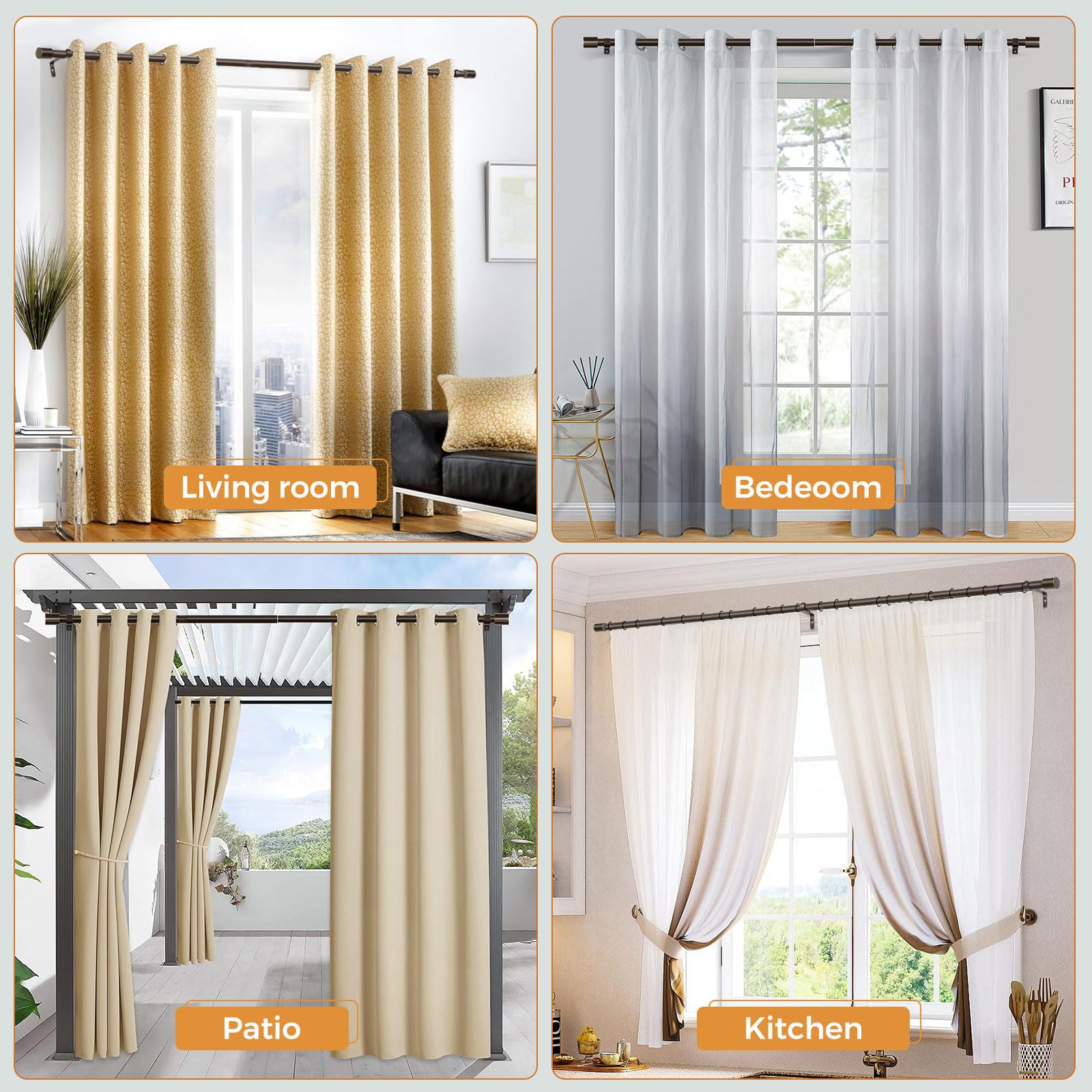 TONIAL Curtain Rods for Windows 48 to 84 Inch(4-7ft), Bronze Window Curtains Rod, Telescoping Splicing 3/4 Drapery Rods Decorative Single Rod 32 to 68 Inch(2.6-7.2ft) with Modern Cap Finial