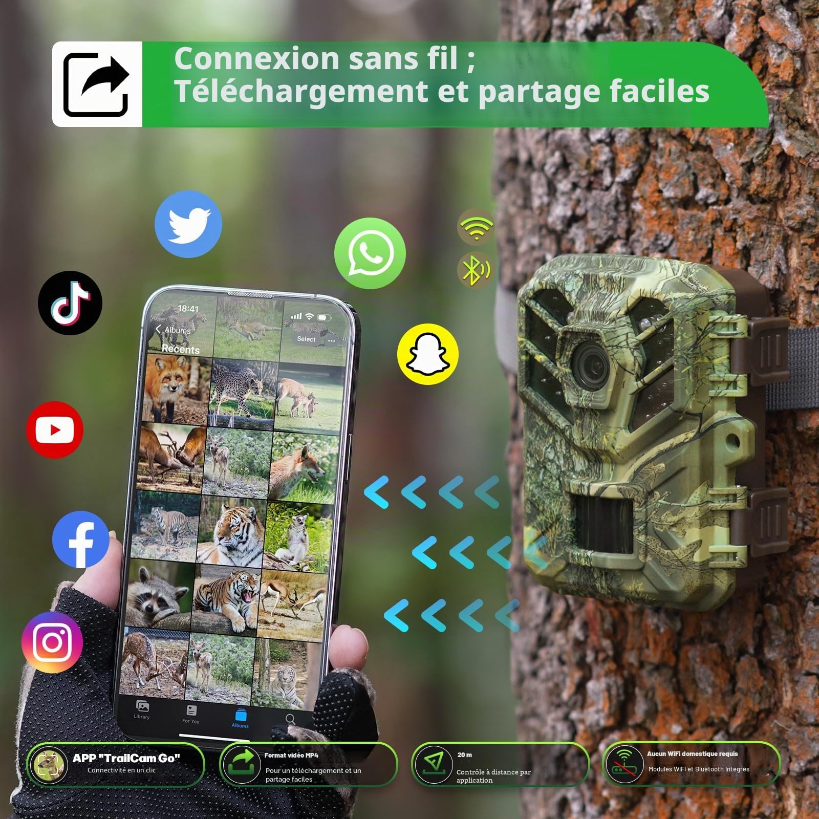 Coolifepro Caméra de Chasse WiFi Bluetooth Connectée Téléphone, 48MP Mini Caméra Chasse Infrarouge Vision Nocturne, Temps de Déclenchement 0,1s, avec Carte Mémoire 32GB, pour Surveillance de la Faune