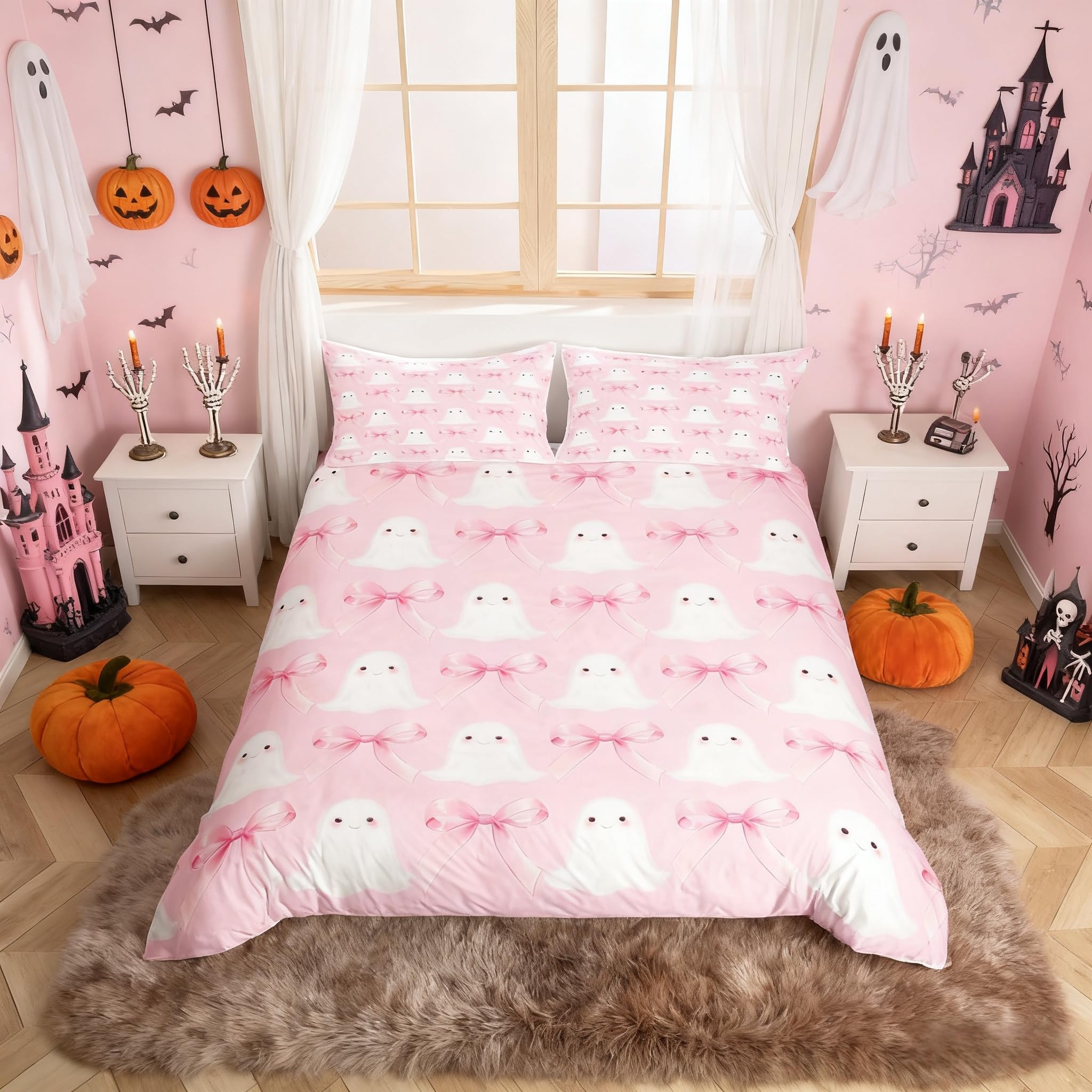 feelingyou Pink Ghost Bowknot Duvet Cover Single Size,Girls Bedroom Gift Cute Halloween Comforter Cover for Kids Teens Adults Bedroom Decor,Kawaii Ghost Pink Bedding Set 1 Pillowcase,No Comforter