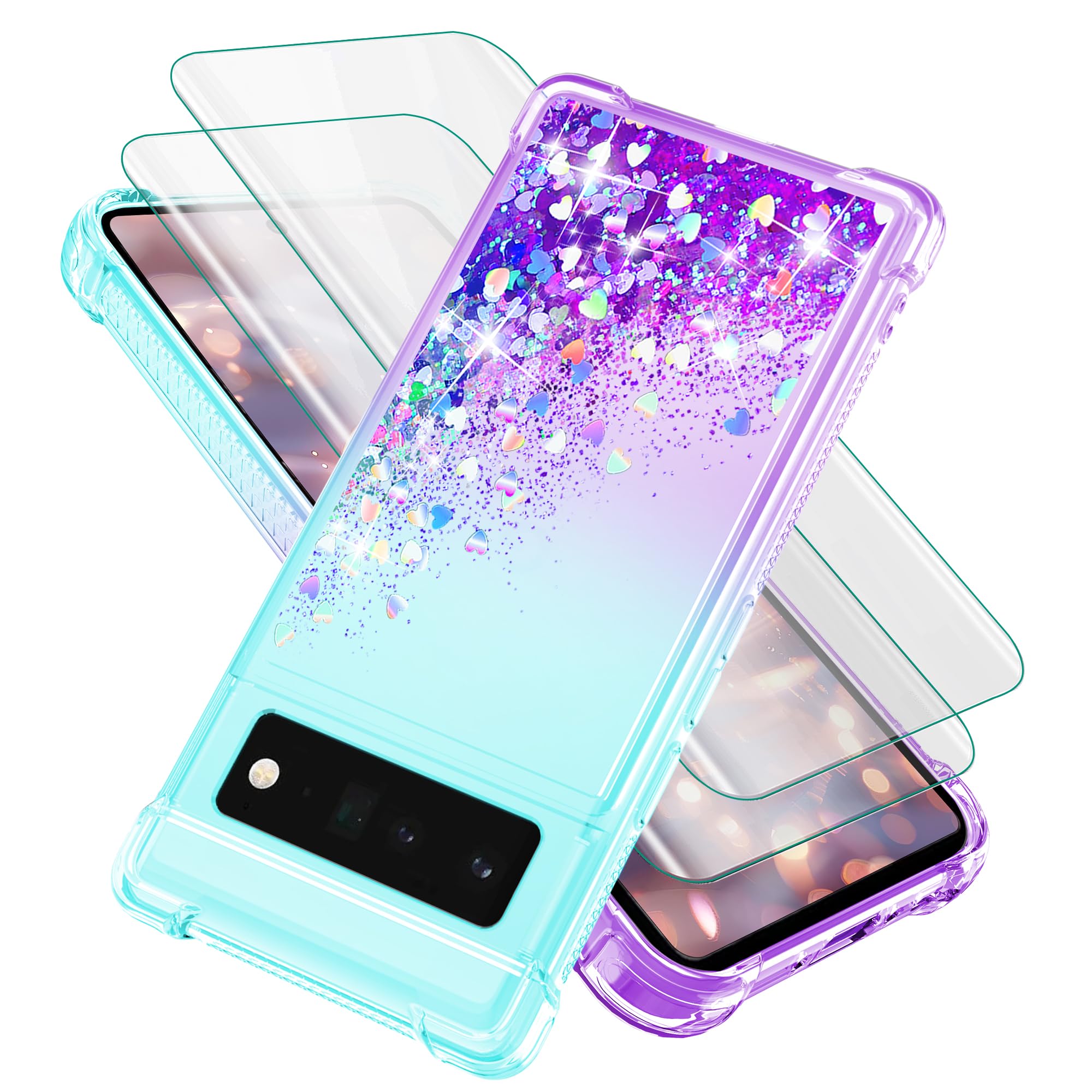 for Pixel 6 Pro Phone Case with Screen Protector*2, Clear Liquid Sparkle Glitter Floating Quicksand Phone Case, Soft TPU Bumper Shockproof Protective,