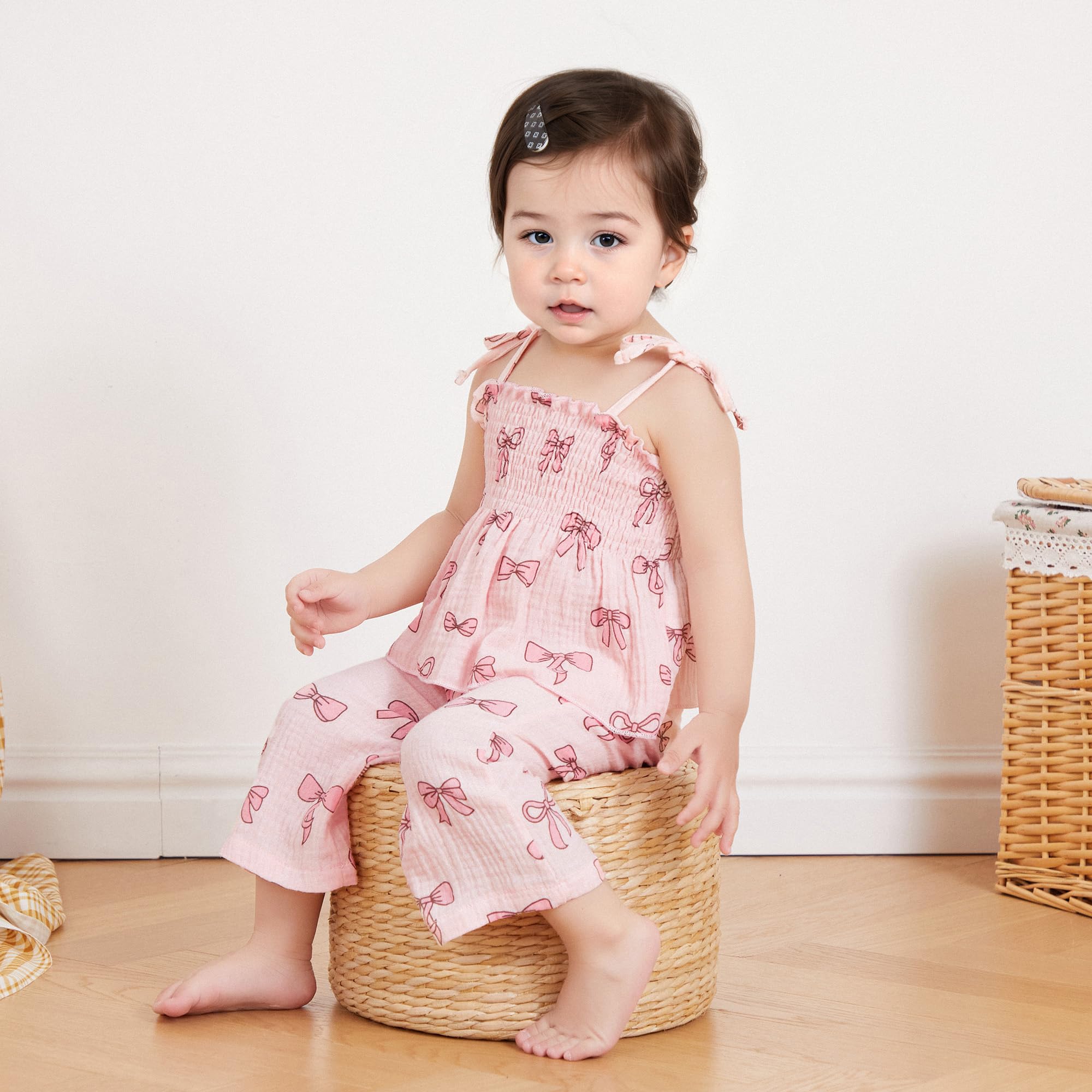 VISGOGO Ropa de verano para bebé niña, sin mangas, con tirantes fruncidos, pantalones de lino, con lazo