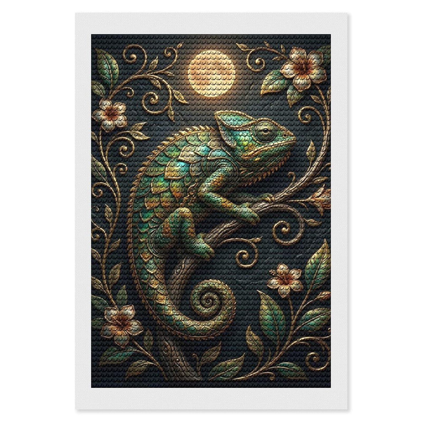 Junmoney Ornate Chameleon with Moon and Flowers Diamond Painting Canvas Kit 8"x12", Adhesive Canvas, Christmas Gift, Full Kit Included, Thoughtful Present