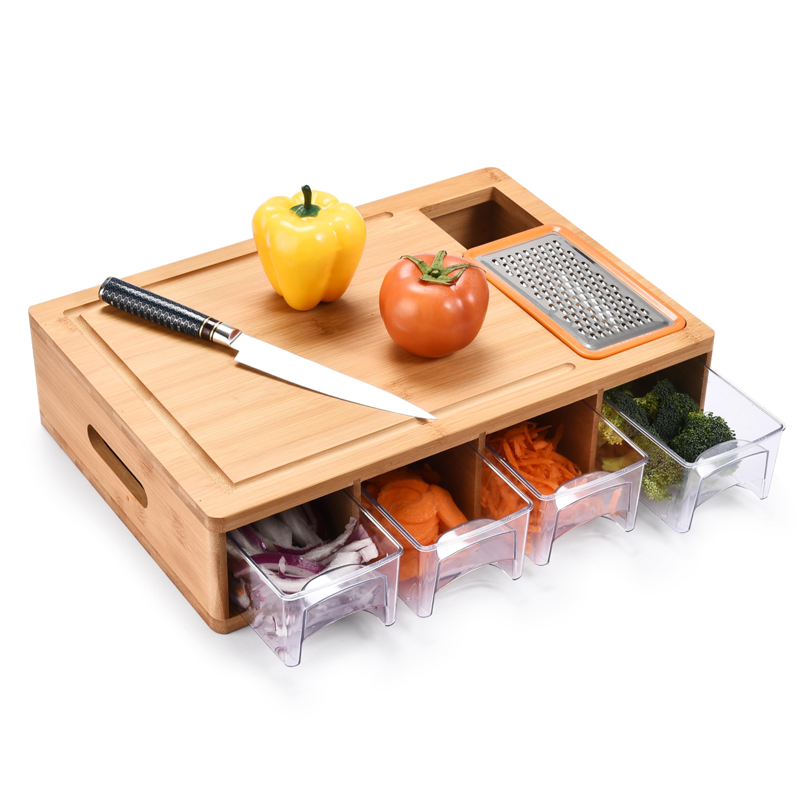 Prosumers Choice Wood Cutting Board - Bamboo Chopping Board with Food Container Organizer, Cheese Shredder, & Juice Groove - Perfectly for Veggie, Cheese, & Meat - Kitchen Wooden Tools for Meal Prep
