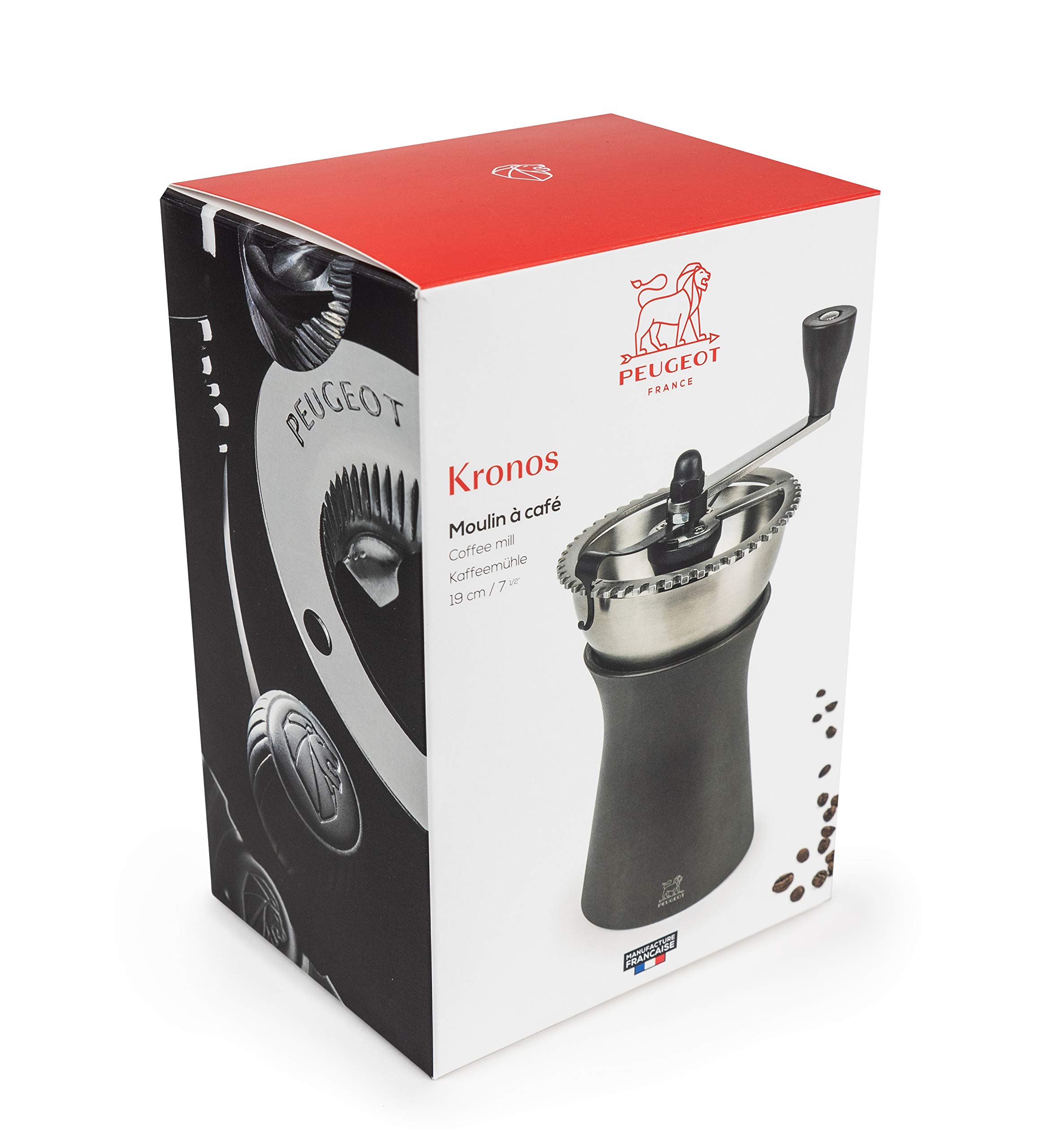Peugeot Kaffeemühle Kronos 19 cm Schokolade I Hochwertige Kaffeemühle manuell aus robustem Edelstahl & Kunststoff I Kaffeezubehör, Grau
