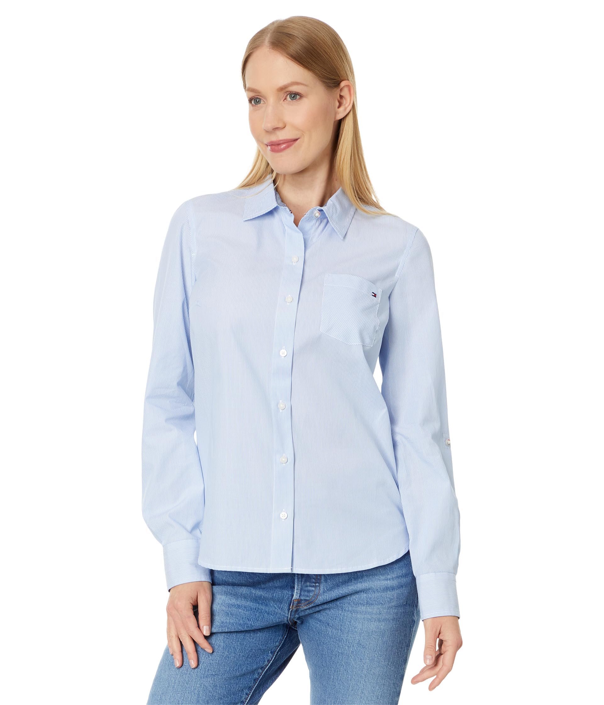 Tommy Hilfiger Damen Tommy Hilfiger Roll Tab Shirt, Korbblumenblau/weiß, XS