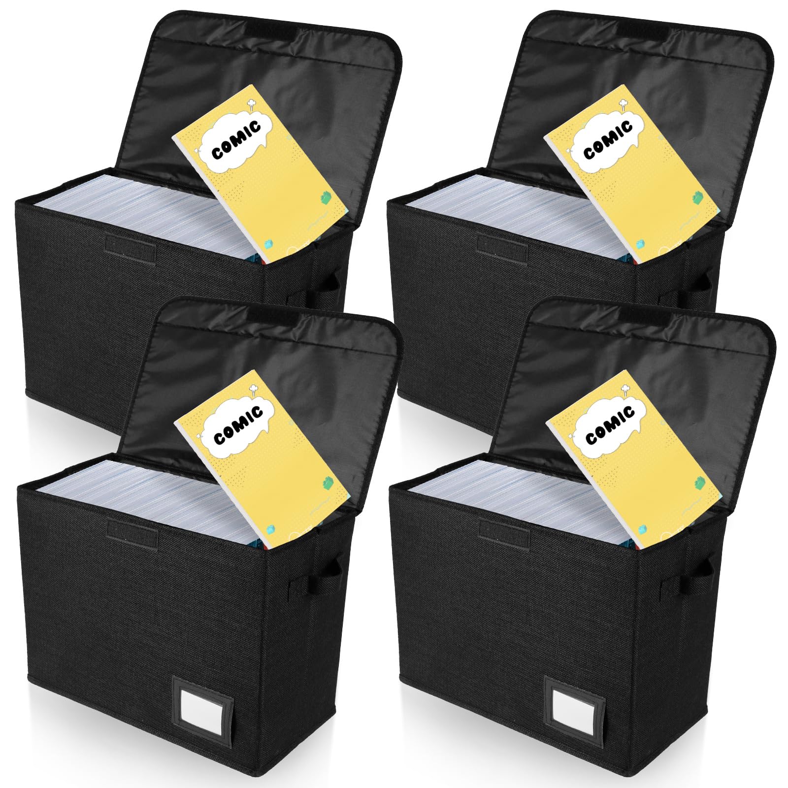 PATNFR 4 Pcs Comic Book Storage Box Comic Short Book Bin with Enclosed Lid and Handles Holds 150-180 Storage Box Organiser 15.74x7.87x11.8inch for Wardrobe Closet Shelf Office