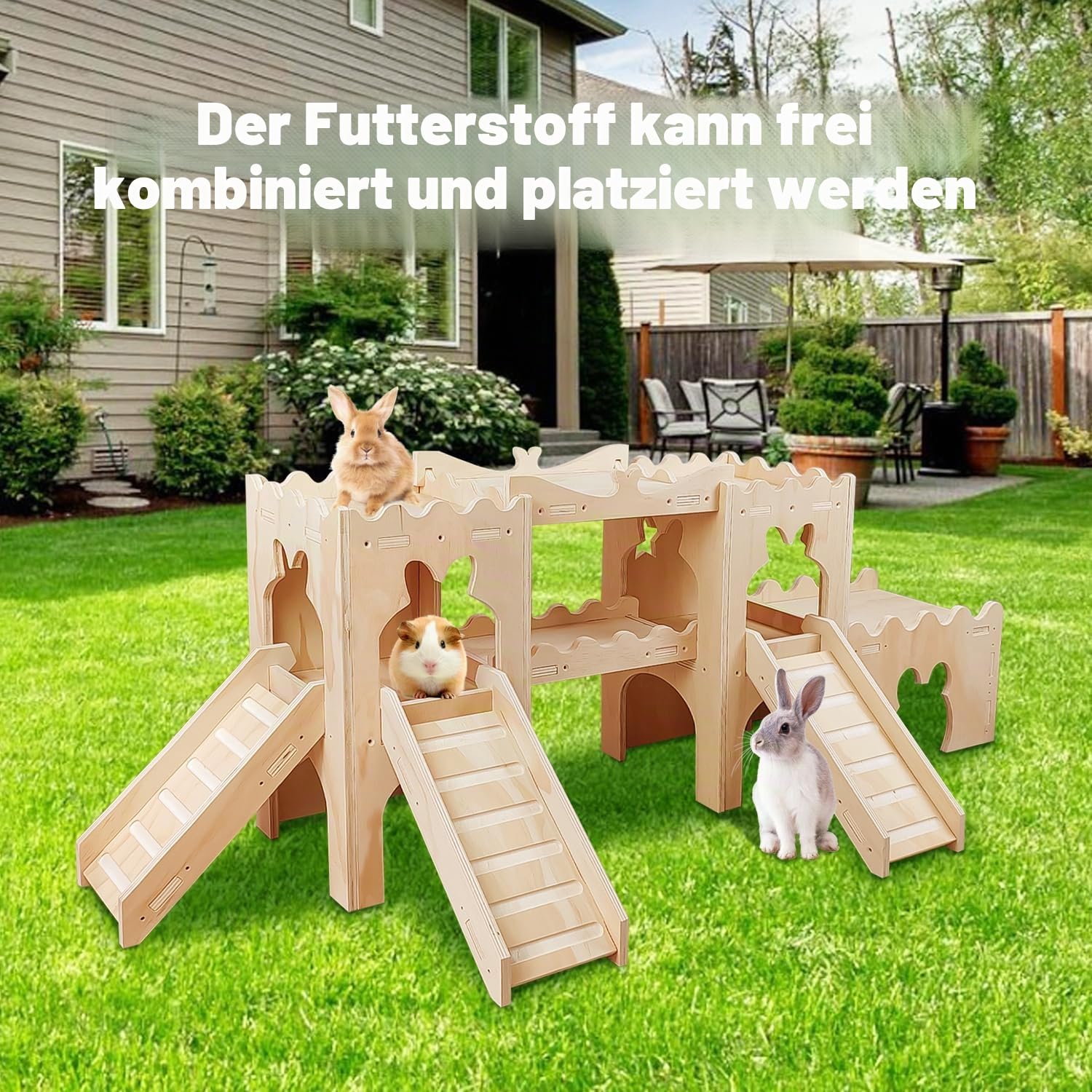 Extra großes hölzernes Kaninchenschloss Versteck Tunnel und Bett Kleintierversteck Hütte solide sichere Konstruktion Spielversteck Hütte für Kaninchen Meerschweinchen Chinchilla