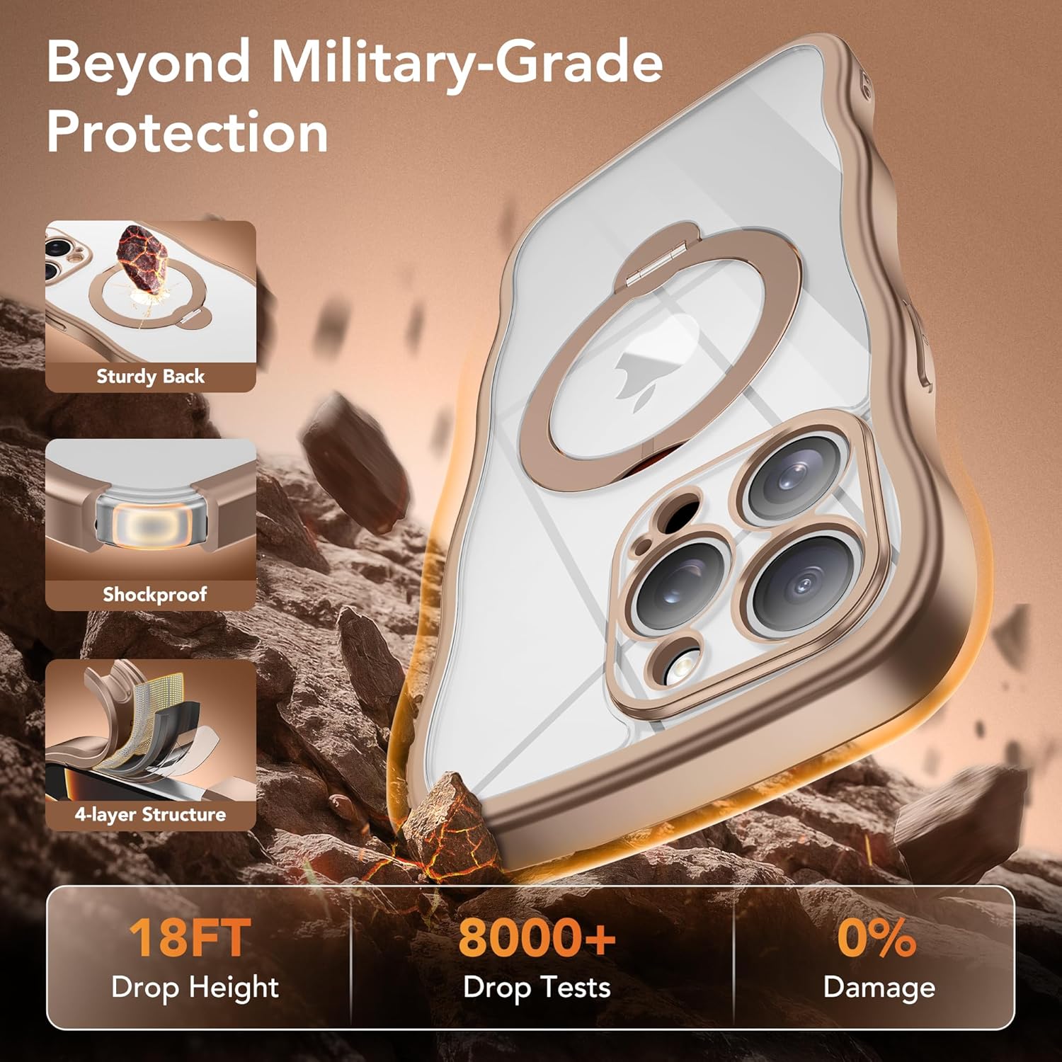 for iPhone 15 Pro Case with 360° Spin Magnetic Stand Ring [Compatible with MagSafe][Military Protection][Full Camera Protection]Cute Anti-slip Wave Phone Case for iPhone 15 Pro, Desert Titanium/Clear